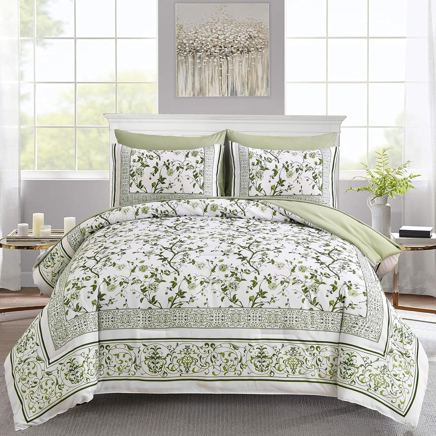 Floral King Size Comforter Set, Sage Green Flowers on White Botanical Bedding Set 7 Piece Bed in a Bag King, Soft Microfiber Bedding Comforter Sets with Sheets for All Season