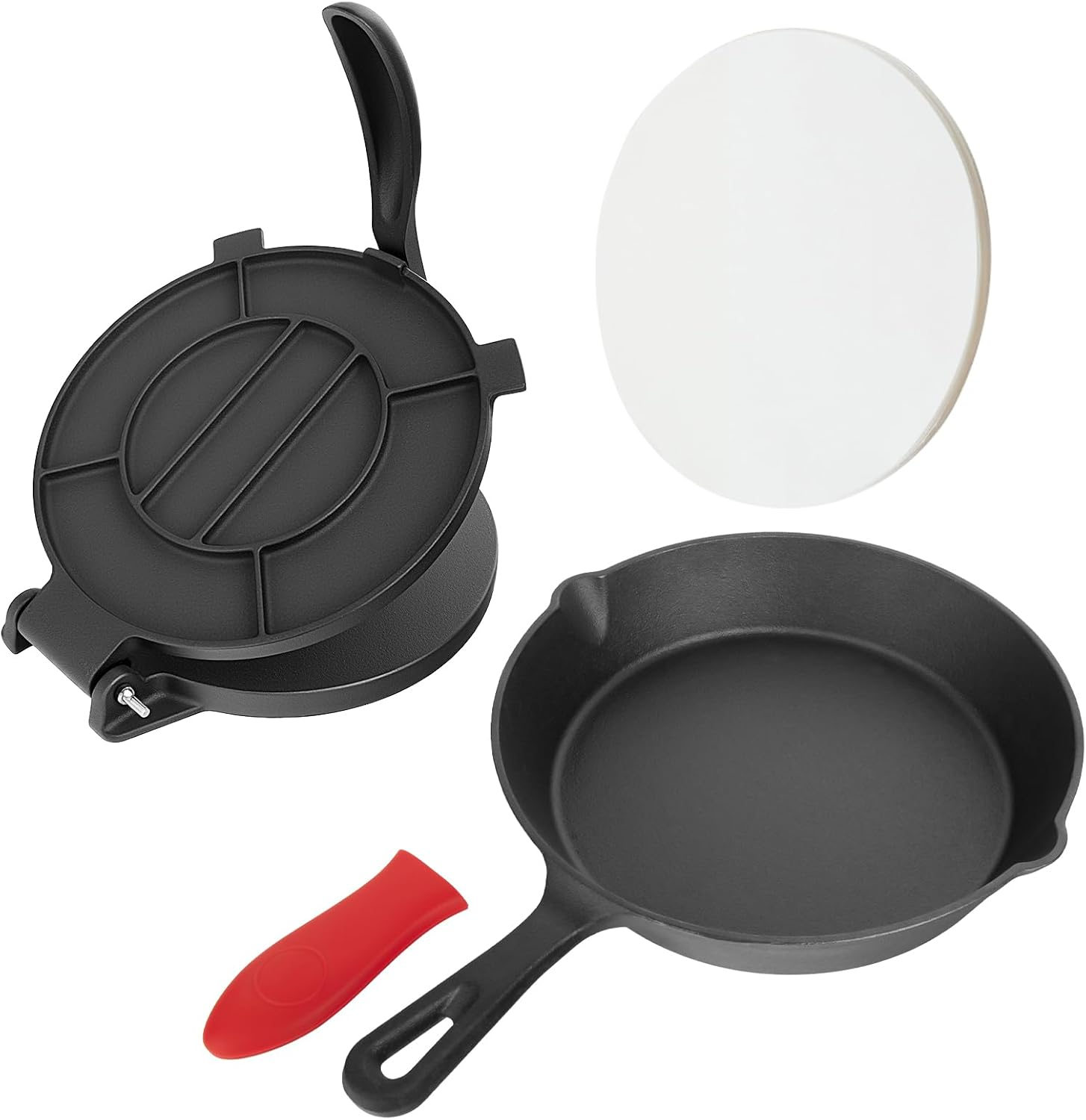 10 Inch Cast Iron Tortilla Press & Comal Pan Bundle, Include 100 Pcs Parchment Paper,Commercial-Grade Cast Iron Tortilla Maker, Roti Press, Non-Stick, Heat-Resistant, Black