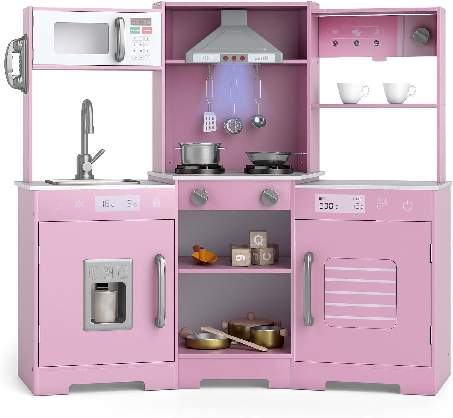 Kids Corner Play Kitchen, Wooden Pretend Toy Kitchen with Realistic Lights & Sounds, Range Hood, Ice Maker, Sink, Faucet, Utensils, Children'S Chef Role Play Set for Boys Girls (Pink)