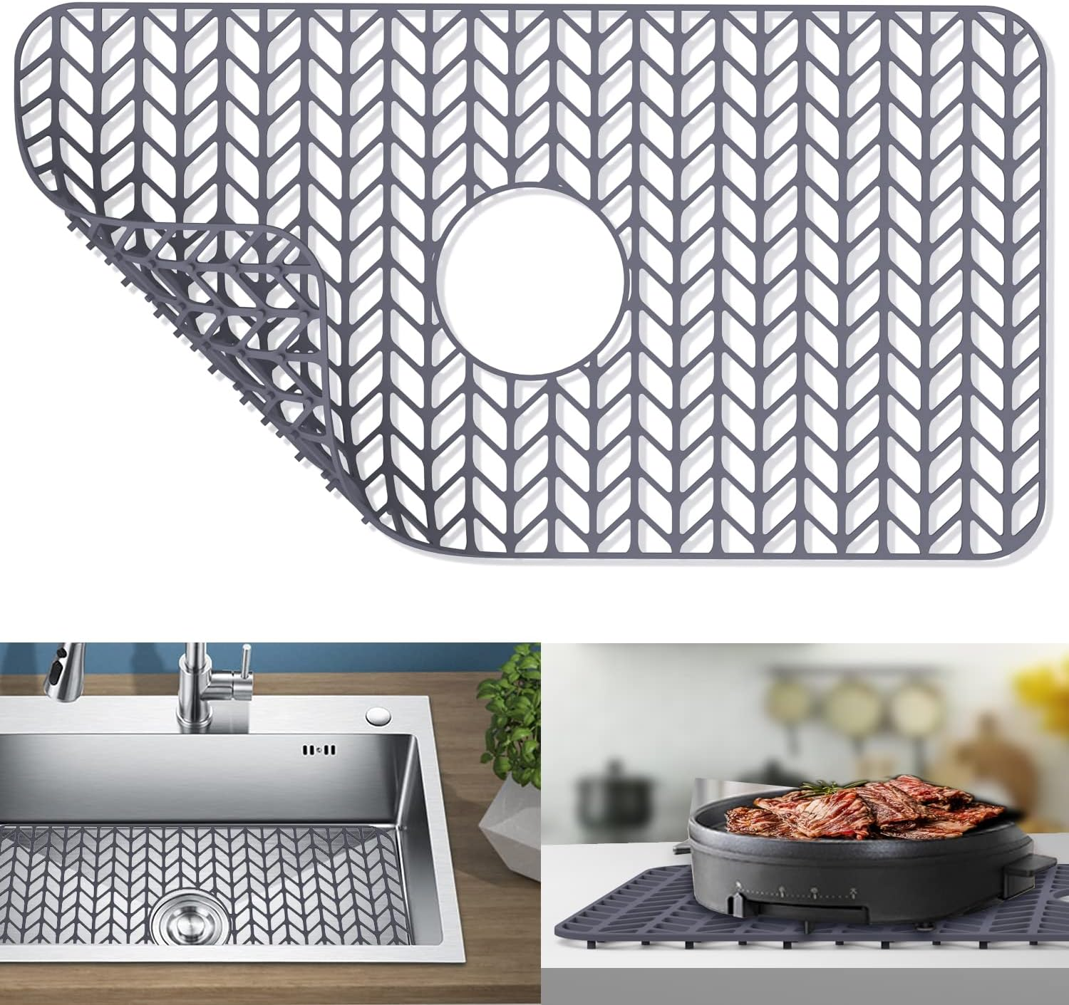 Silicone Protectors for Kitchen Sink,  26''X 14'' Sink Mat Grid for Bottom of Farmhouse Stainless Steel Porcelain with Center Drain (Grey)