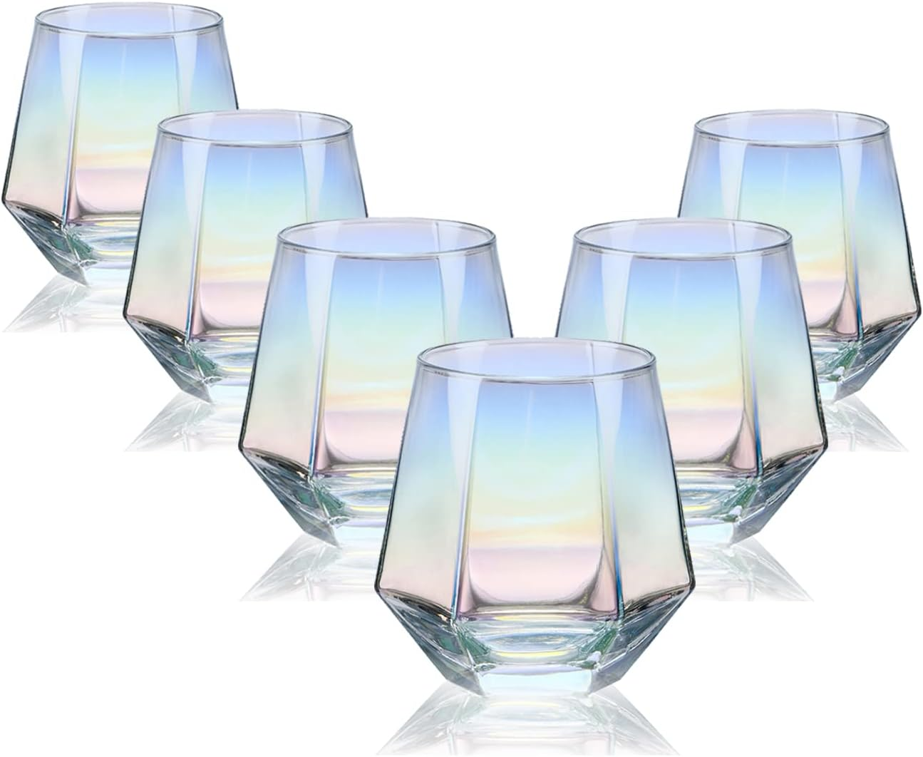 Wine Glasses Set of 6 (10 Oz), Stemless Wine Glass for Red and White Wine, Iridescent Diamond Shaped Glassware for Whiskey, Cocktail, Mixed Wine, Soft Drink, and More
