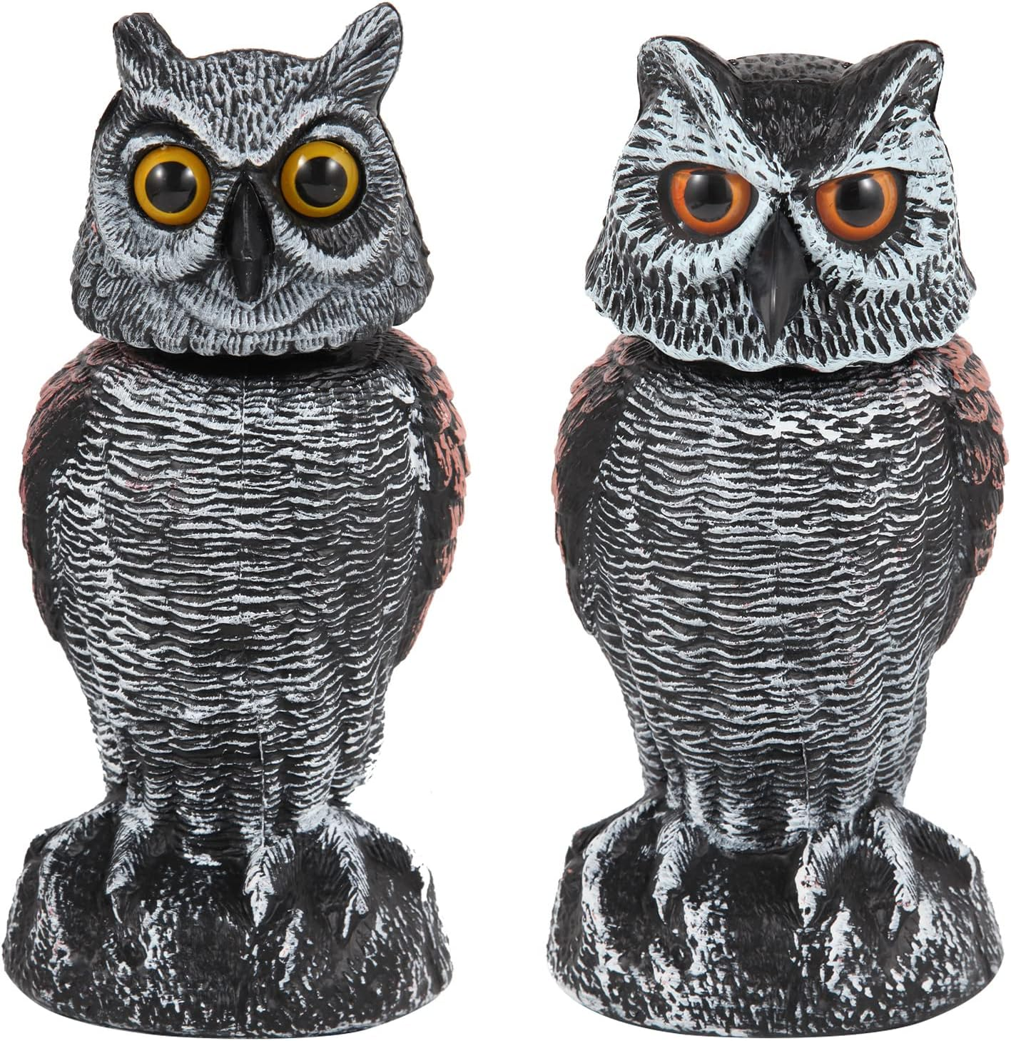 2 Pack Fake Owl Decoys to Scare Birds Away from Gardens and Patios, Rotating Head Owl Bird Deterrents, Nature Enemy Scarecrow Plastic Owl Statues, Pest Repellent, Pigeon Deterrent