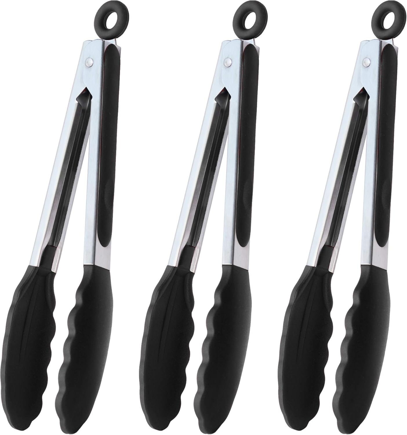 Serving Tongs 9-Inch Cooking Tongs with Silicone Tips, Set of 3 (Black)