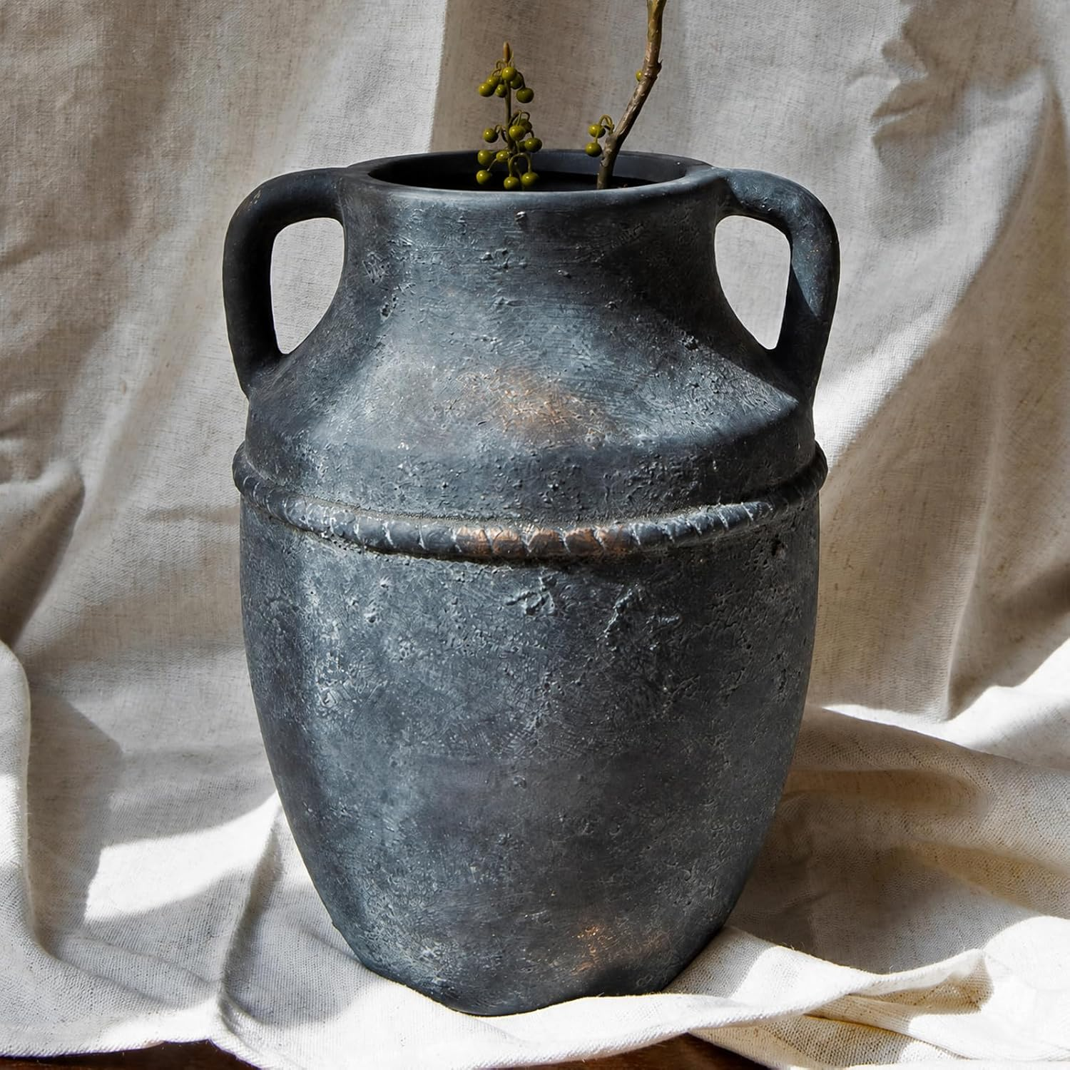 9" Vintage Ceramic Vase with Handles, Rustic Farmhouse Home Decor | Decorative Vintage Pottery with Rustic Texture, a Ceramic Flower Vase for Farmhouse and Living Room Decor. Great Gift