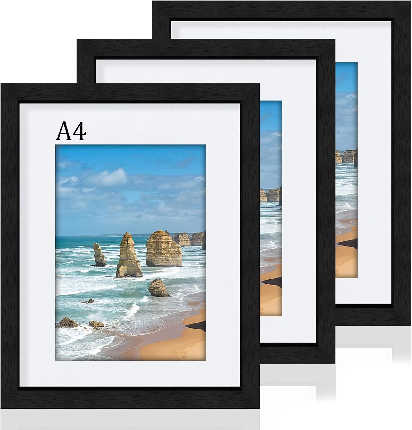 3Pack A4 Frame, Wooden A4 Picture Frames, with A5 Mount Photo Frames | Dual Orientation (Landscape/Portrait), Includes Wall Hooks - Wall Mount for Home, Office, Gallery-Black