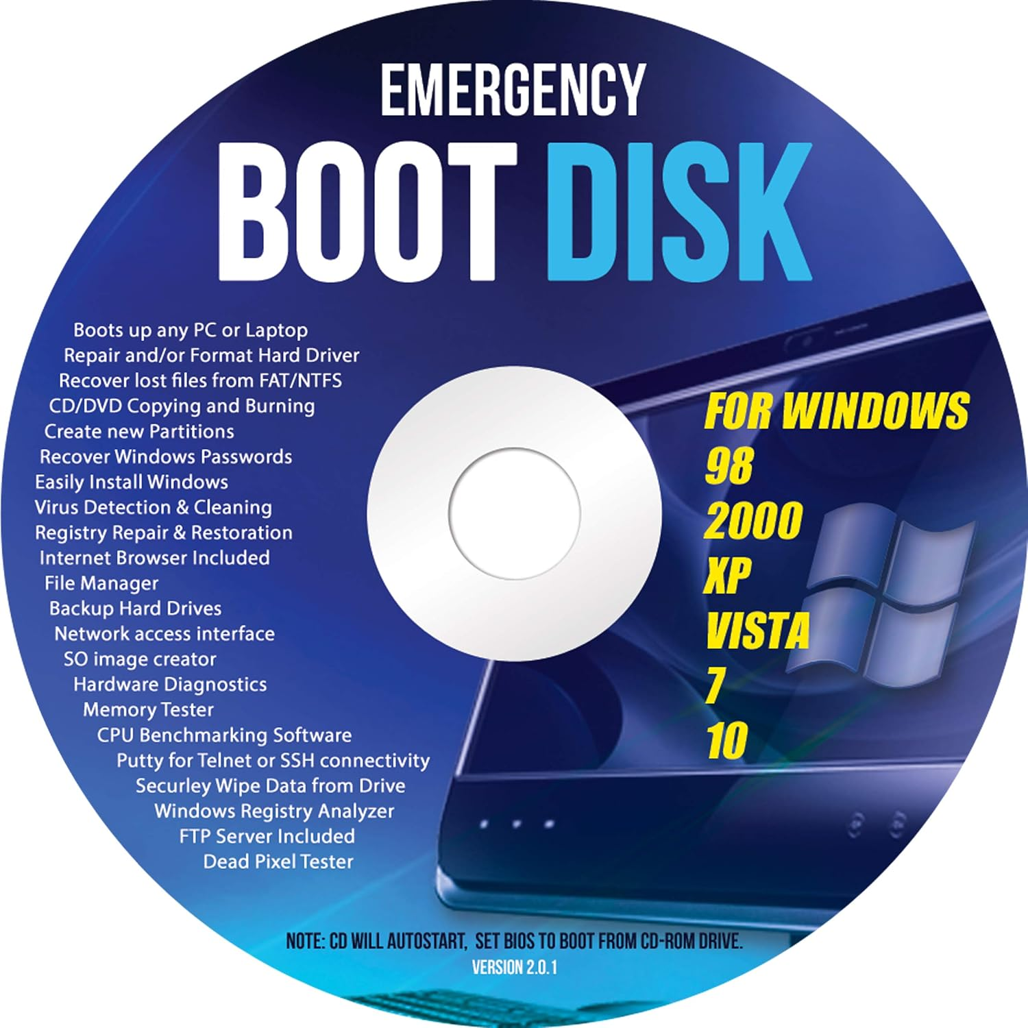 Windows Emergency Boot Disk - for Windows 98, 2000, XP, Vista, 7, 10 PC Repair DVD All in One Tool (Latest Version)