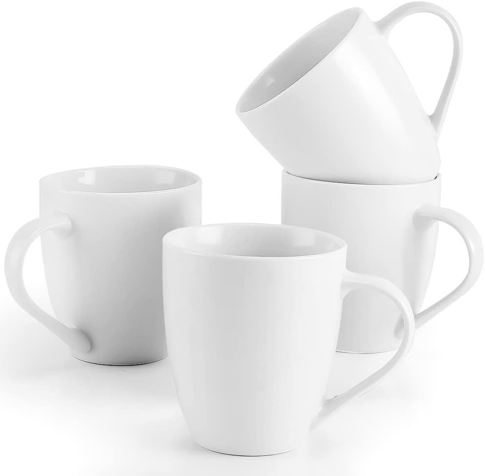 White Coffee Mugs Set of 4, 16 Ounce Mug with Handles, Ceramic Coffee Cups,  Porc