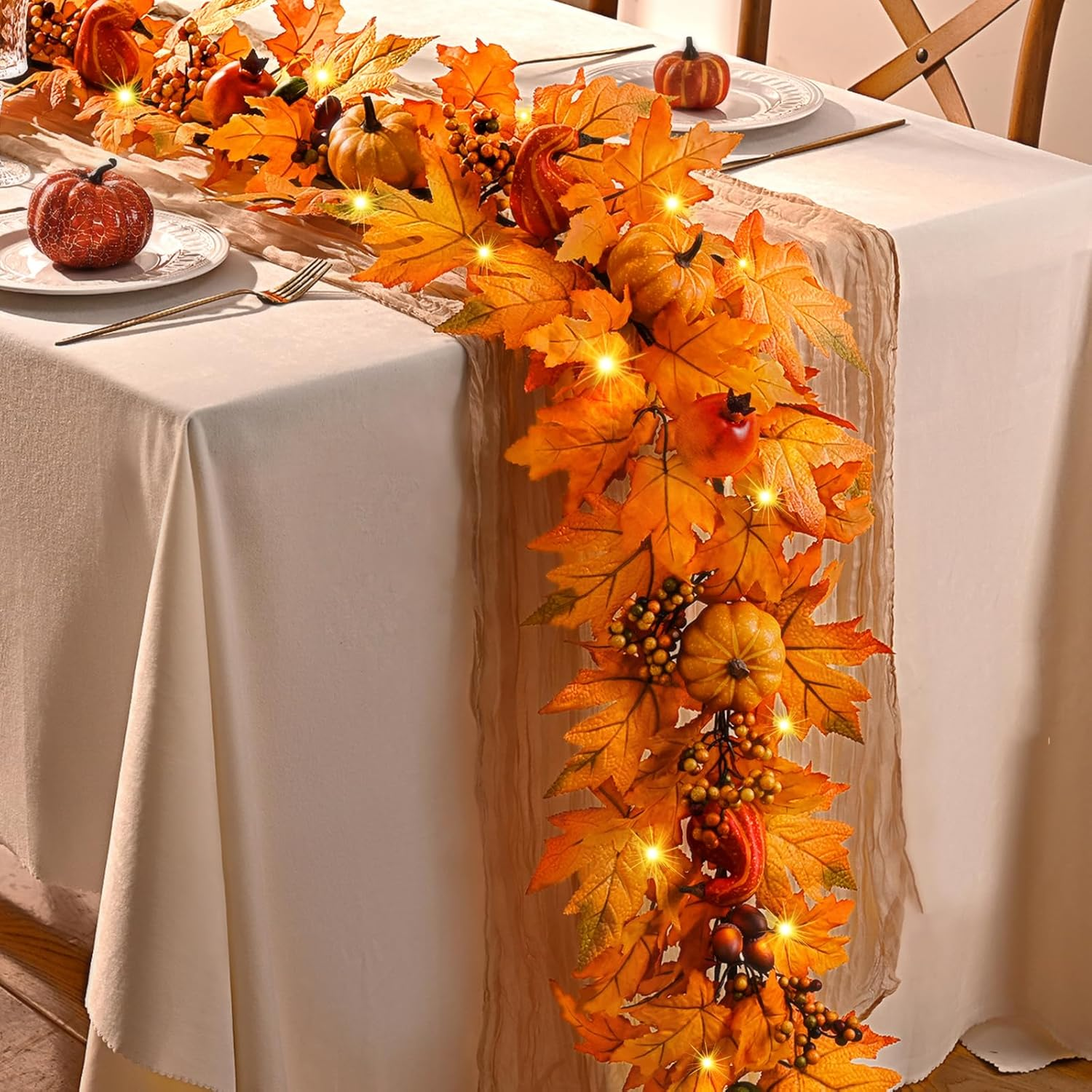 Fall Decor, 6FT Fall Garland with Lights, Autumn Garland with Pomegranate Pumpkin, Thanksgiving Harvest Festival Decor for Home Mantle Porch Wedding Table Indoor Outdoor