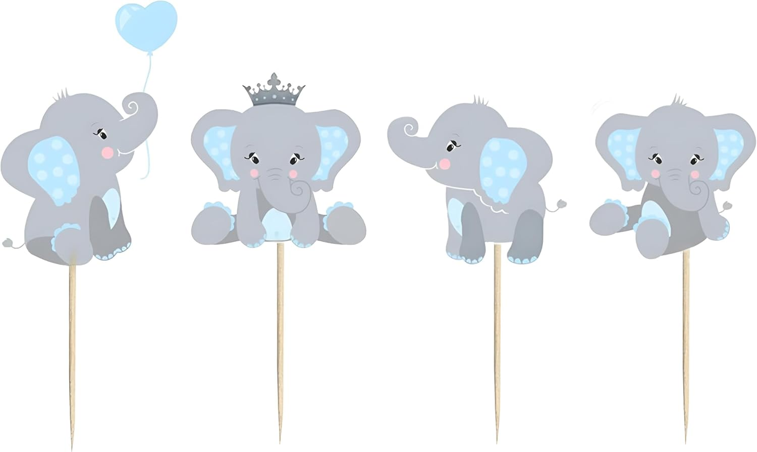 Blue Elephant Cupcake Toppers - 48 Pieces for Baby Boy Shower & Birthday