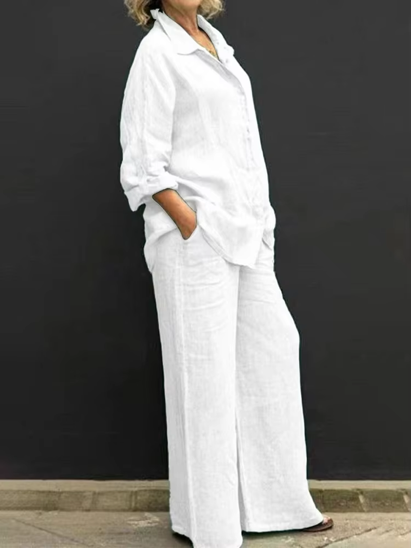 Hot Selling New Women'S 2 Piece Linen Co-Ord Set Oversized Loose Fit Long Sleeve Shirt Wide Leg Pants