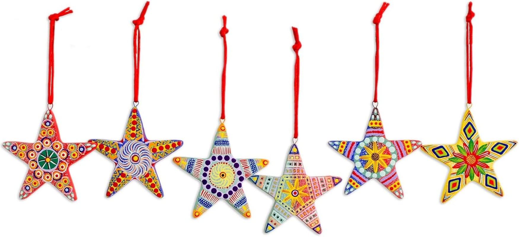 Hand Painted Multi-Color Ceramic Holiday Ornaments, 'Christmas Star' (Set of 6), Made in Central America