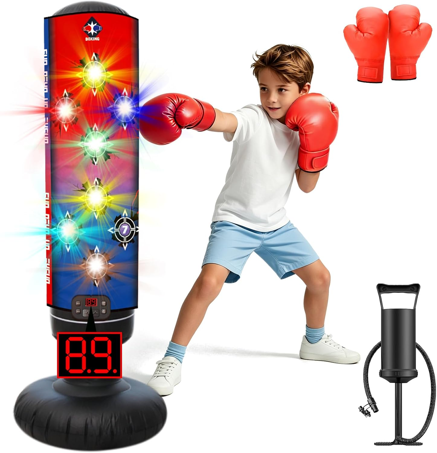 Dollox Punching Bag with Music Mat for Kids, Inflatable Boxing Bag with Boxing Gloves, Kids Boxing Set - Light-Up, Scoring, 4 Modes, Sturdy Water-Fillable Base, Gifts for Boys Girls Ages 3+