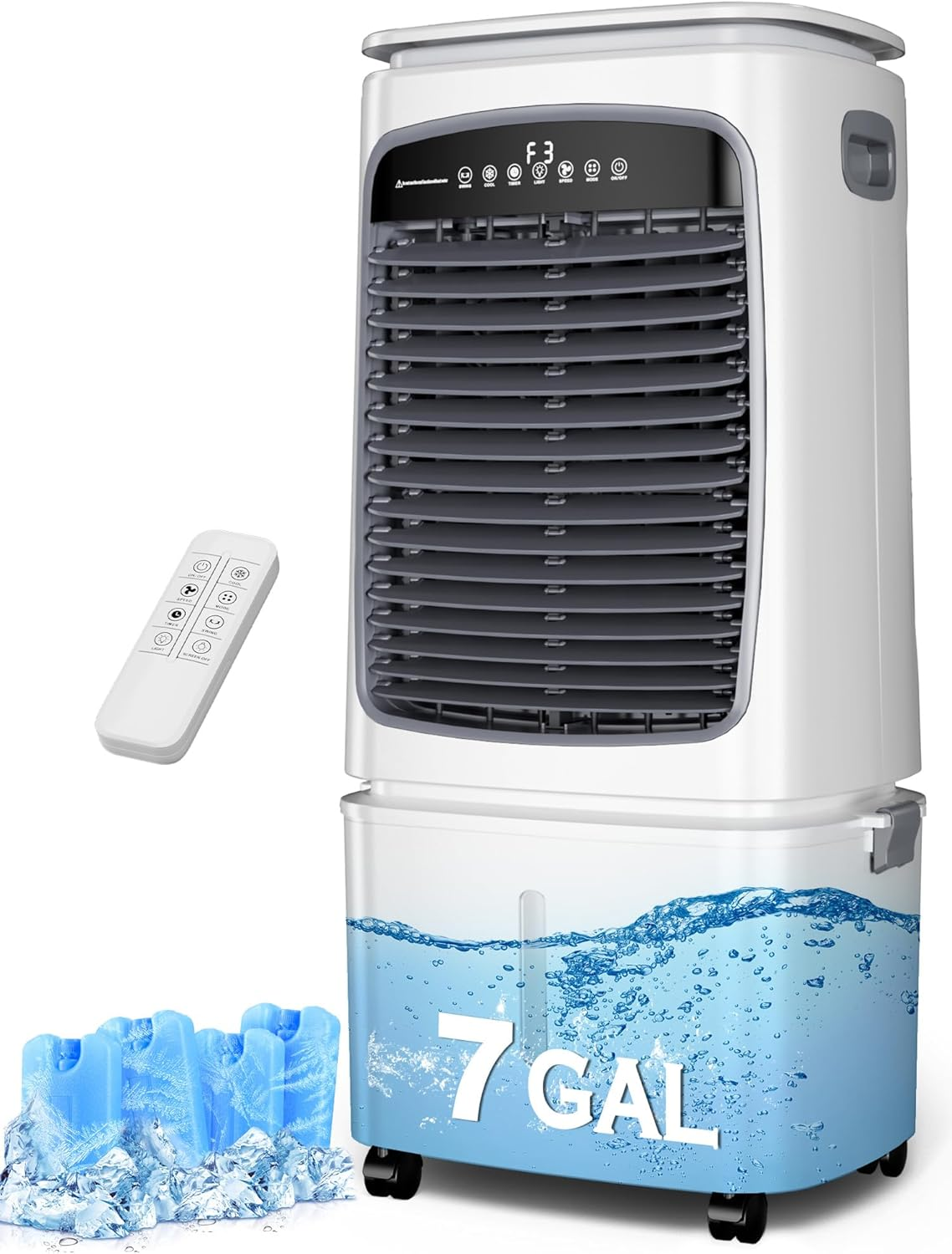 Enfriador evaporativo 3 en 1, 7 gal, 4 cajas de hielo, ventilador portátil