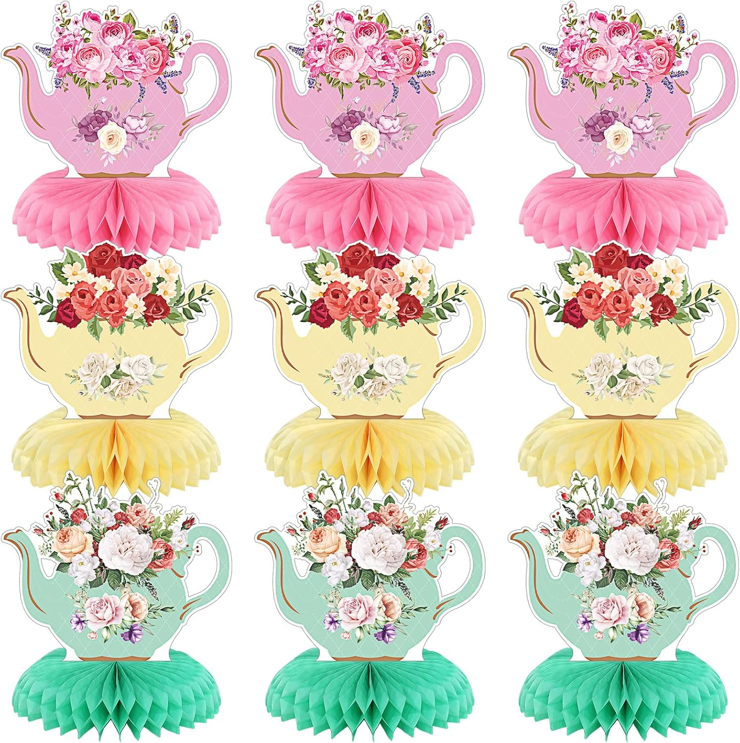 9 Pcs Tea Party Centerpieces for Tables Princess Floral Teapot Honeycomb Decorations Tea Party Table Decor Teapot Decors for Summer Birthday Baby Shower Wedding Supplies (Classic Style)