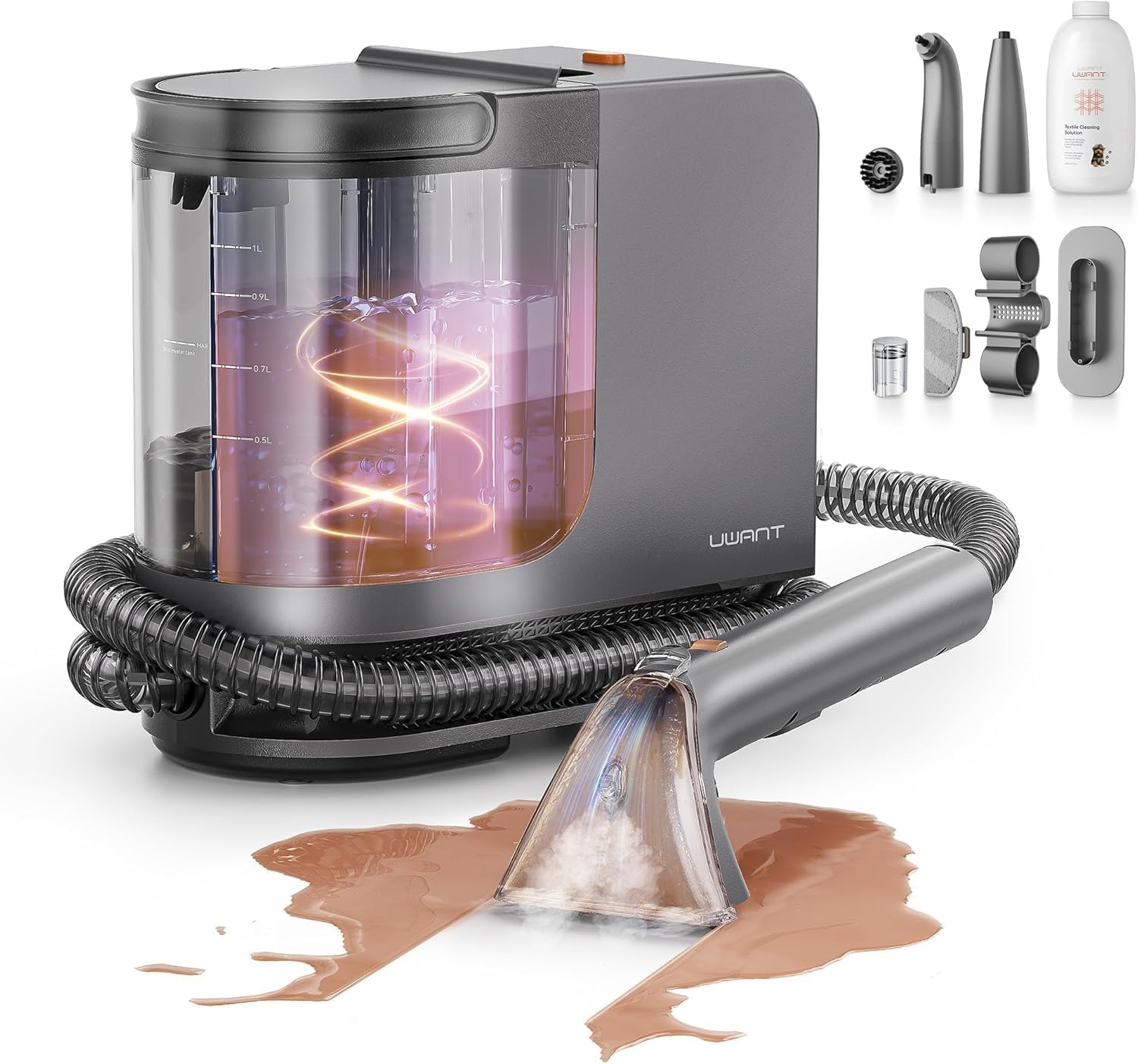 Carpet Cleaner Machine 18Kpa Powerful Suction, Portable Carpet Cleaner for Pet Stains with Cleaning Tools&Solution Self-Cleaning Upholstery Cleaner for Car, Couch, Rug, Spot (Gray)