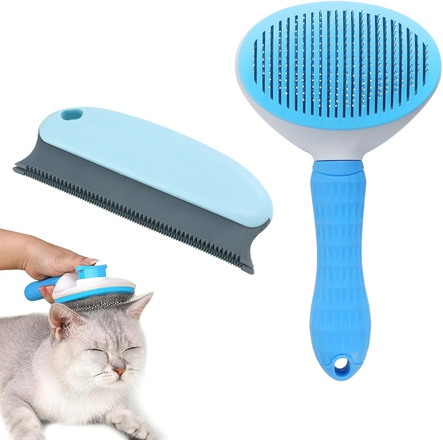 Cat Brush for Shedding and Pet Hair Remover with Push-Button Cleaning, Blue Grooming Comb for Cats and Dogs with Massage Function, Effective Deshedding Tool for Long and Short Haired Pets
