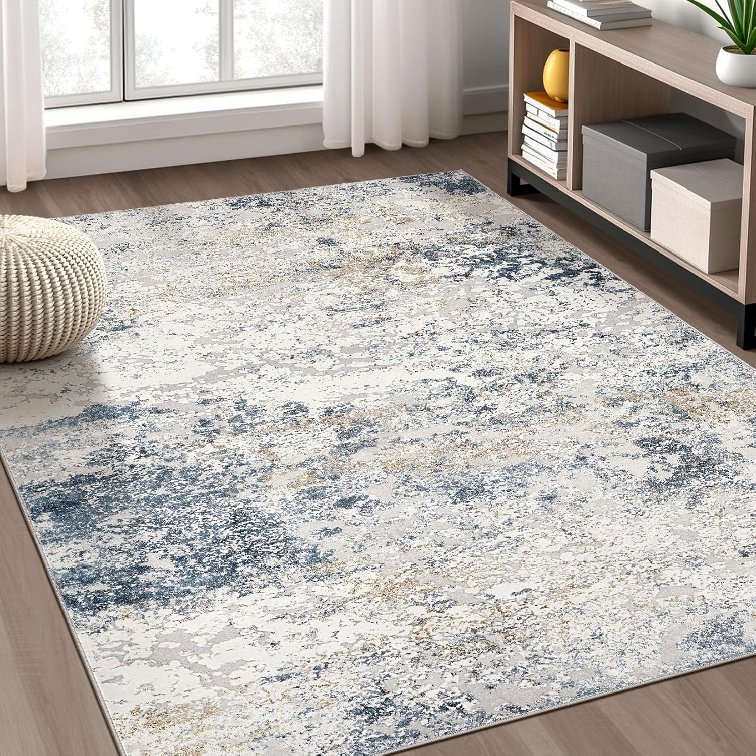 Area Rug Living Room Rugs - 5X7 Abstract Large Soft Indoor Washable Rug Neutral Modern Low Pile Carpet for Bedroom Dining Room Farmhouse Home Office - Beige Blue