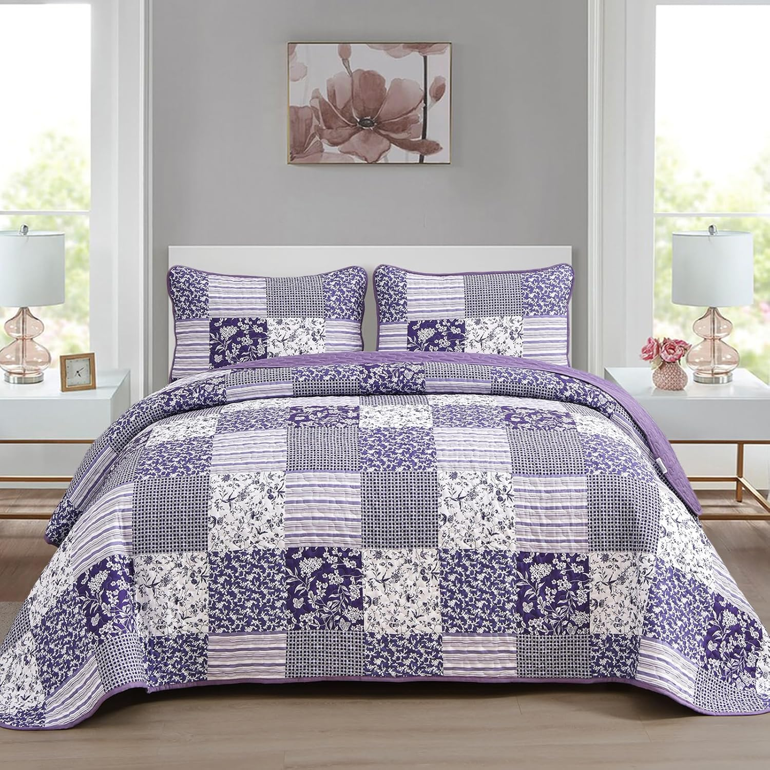 Purple Quilt Set King Size Quilt Bedding Set Brown Plaid,3 Pieces Floral Patchwork Reversible Bedspread Coverlet Set for All Season,Soft Microfiber Bedding Set King 90
