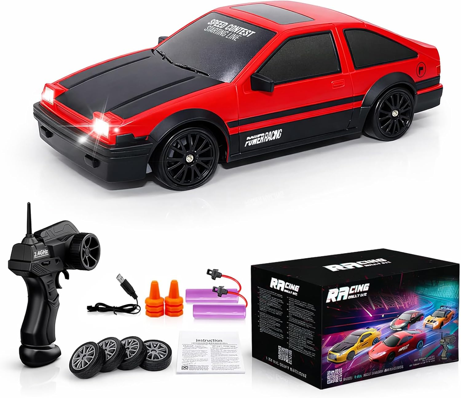 Remote Control Car RC Drift 2.4Ghz 1:24 Scale 4WD 15KM/H High Speed Model Vehicle with LED Lights Drifting Tire Racing Sport Toy for Adults Boys Girls Kids Gift 2Pcs Rechargeable Batteries