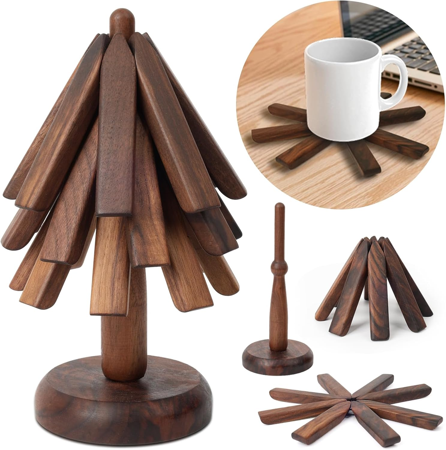 Black Walnut Wood Table Mat Set，Wood Coasters, Creative Small Tree Coaster, Wooden Trivets for Hot Dishes，Unique Kitchen Gadgets, Home Desktop Decorations (Black Walnut)