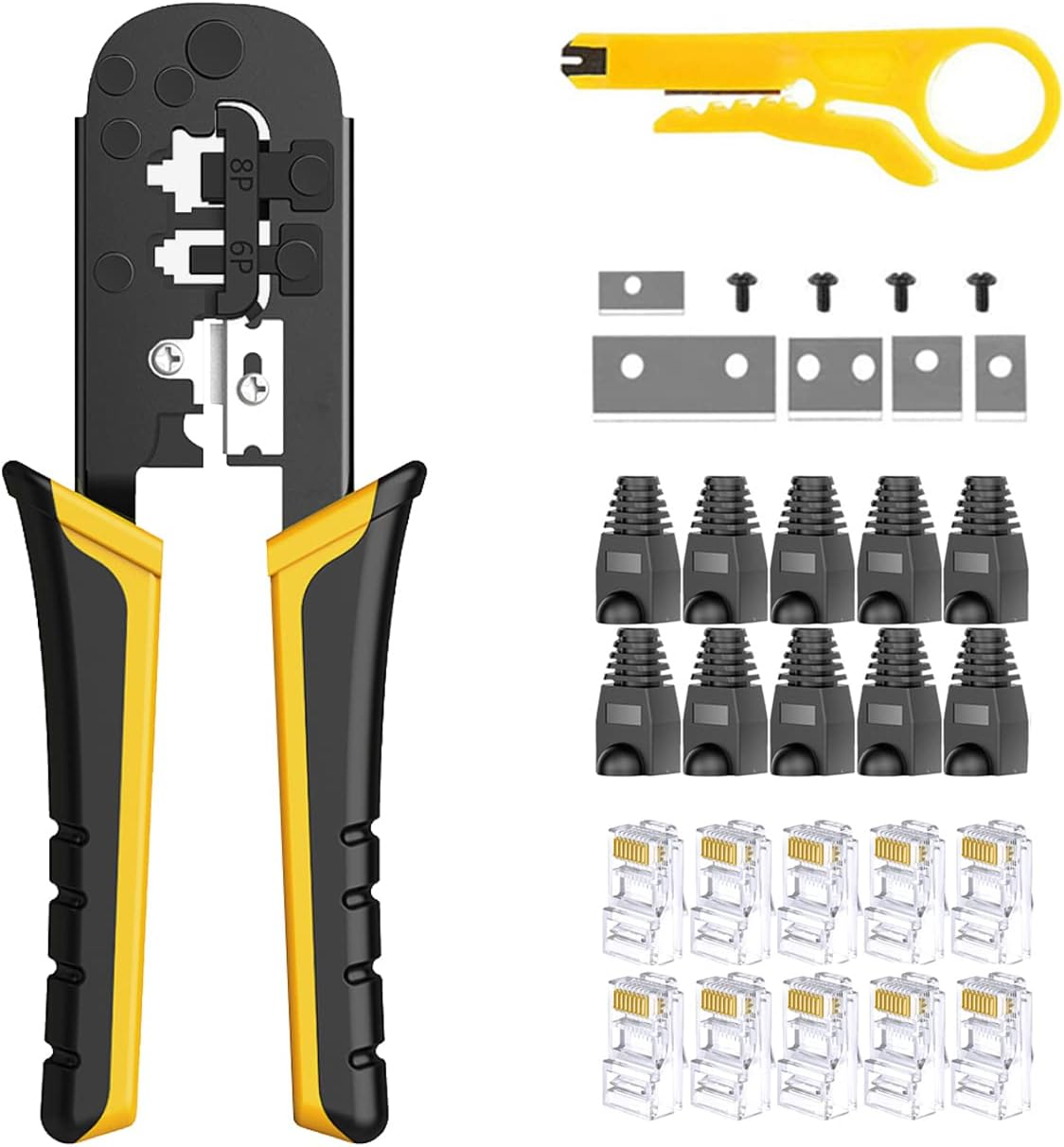 LEATBUY Crimper CAT5 Crimp Tool Set CAT6 Kit RJ45 Crimping Tool, 10PCS Ethernet LAN Connectors, 10PCS Covers, Network Stripper Cable Wire Punch down Cutter(Red)