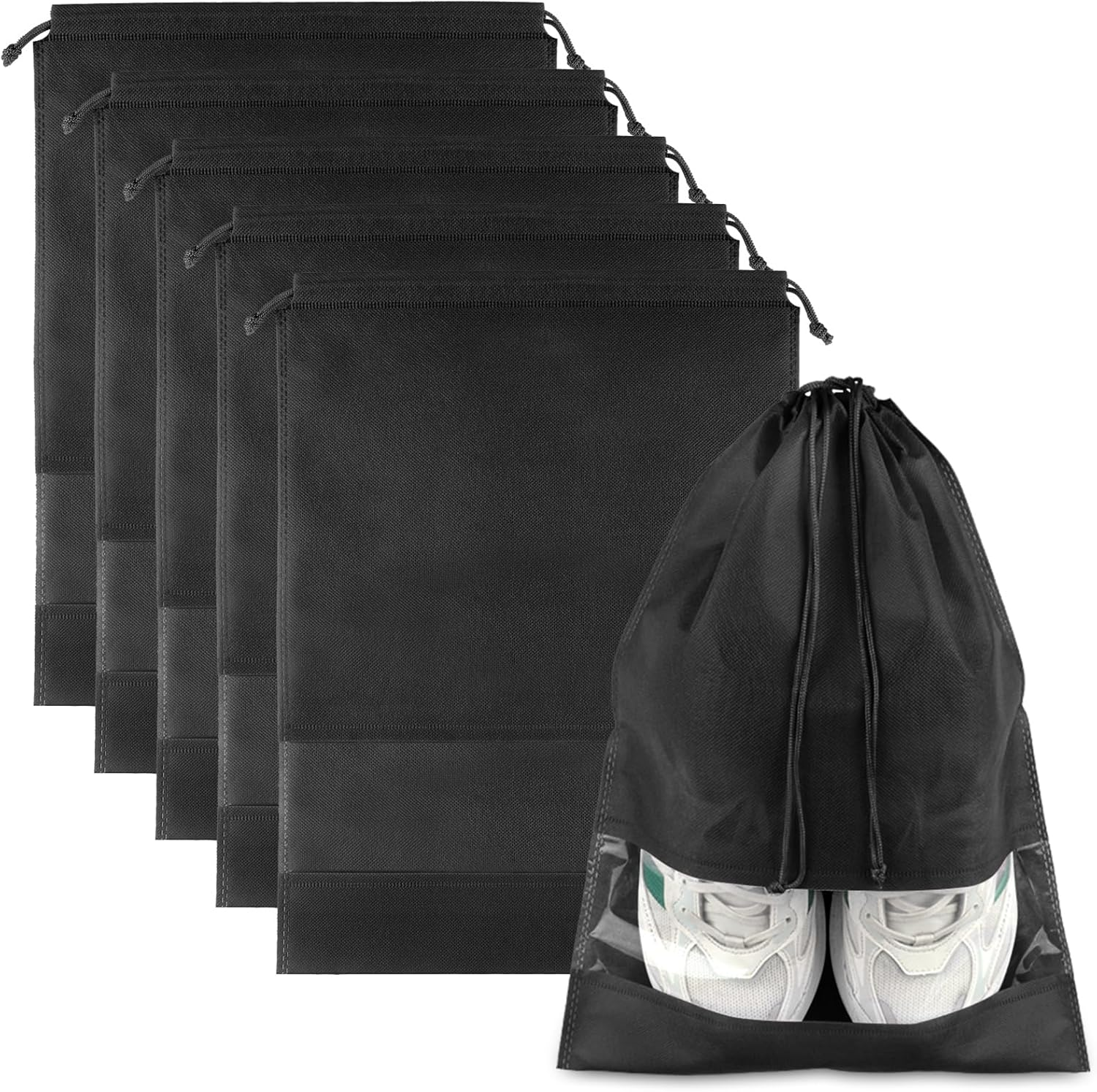 Large Black Travel Shoe Bags - 5 Pcs with Clear Window, Non-Woven Drawstring, 12.6