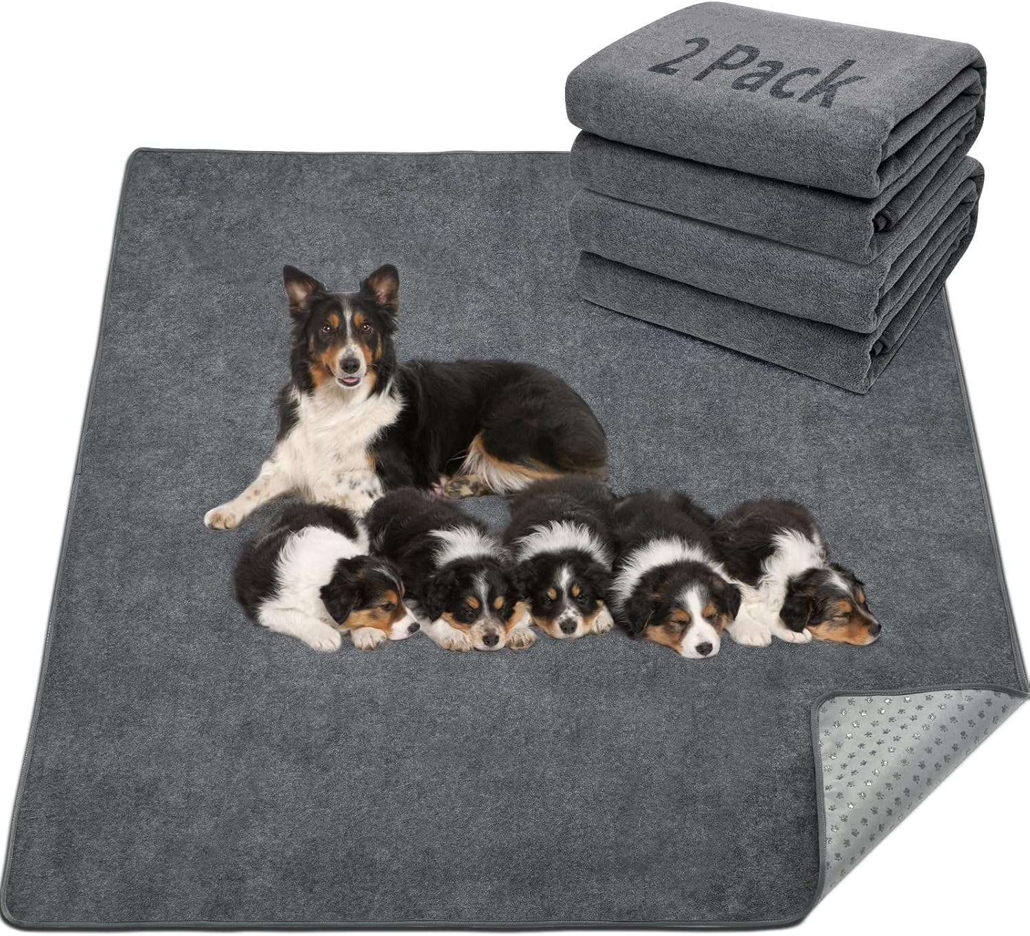 2 Packs Extra Large Reusable Dog Mat for Floor, Non-Slip Washable Pee Pads for Dogs, Fast Absorbent Pet Whelping Pads, Puppy Playpen Mat for Incontinence, Housebreak, Crate, 36X48In, Gray