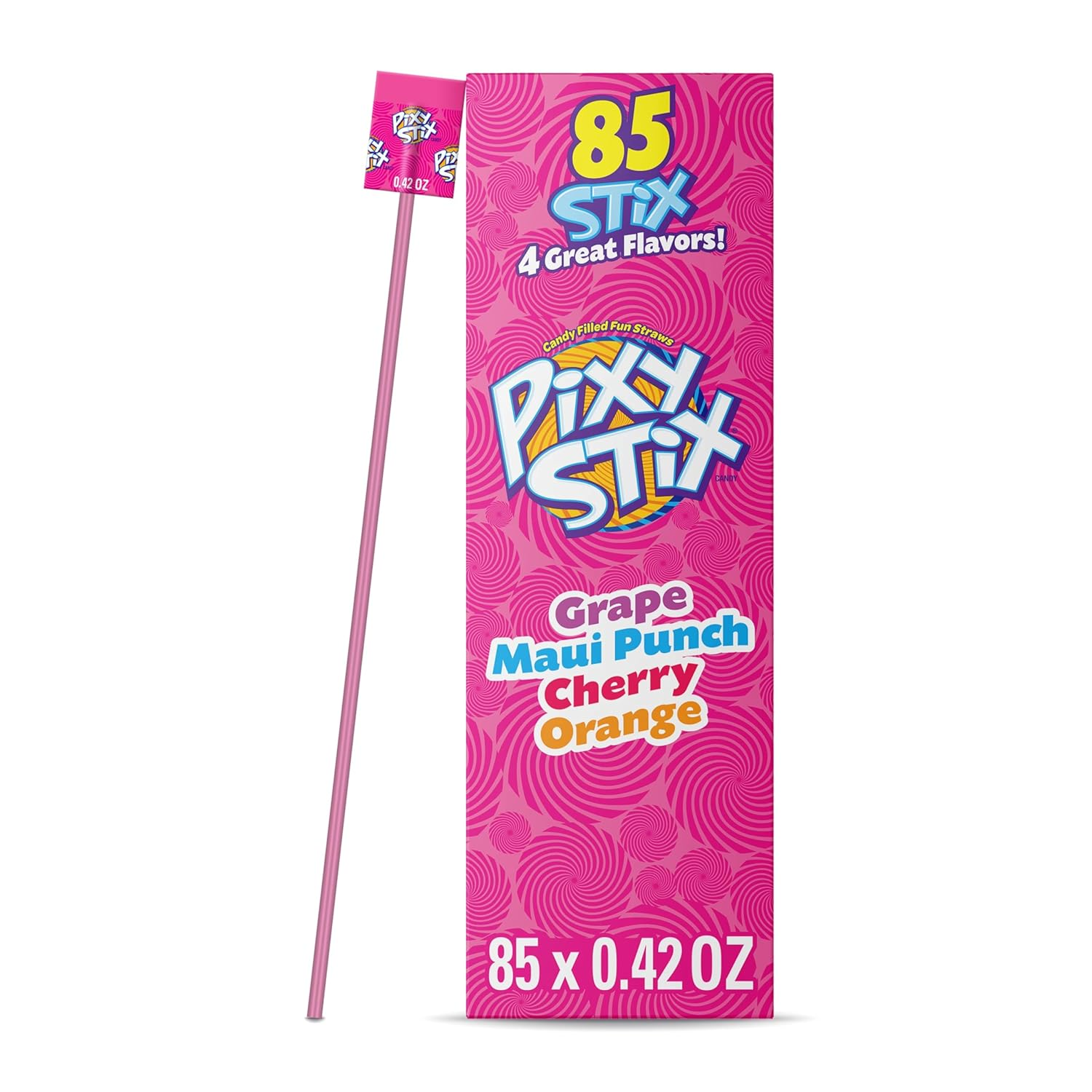 Pixy Stix, Sour Powder Straws, Grape, Maui Punch, Cherry, and Orange, Sweet and Tart Candy Powder, 85 Ct