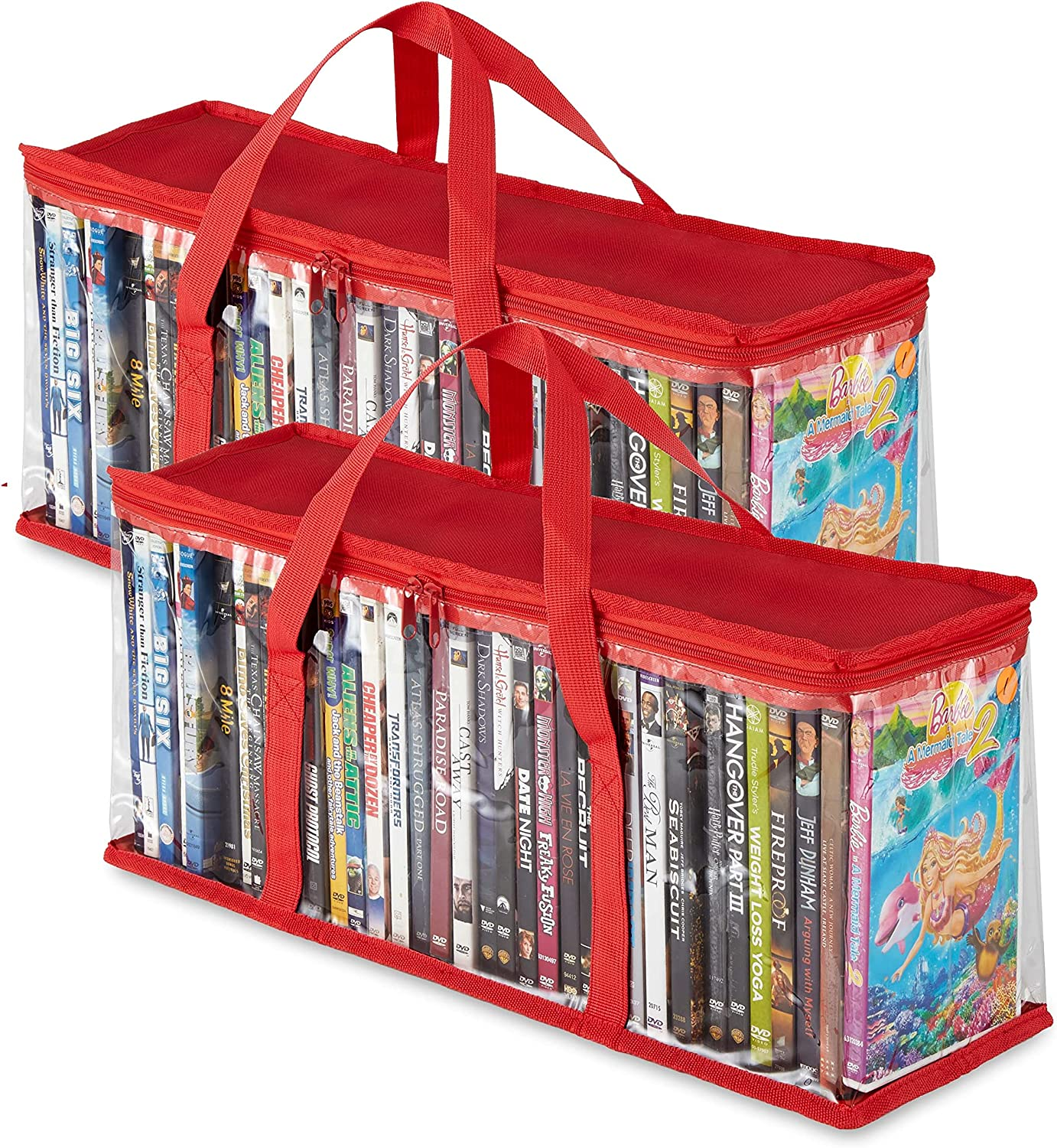 Stock Your Home DVD Storage Bags (Set of 2) Media Organizer Bag for Dvds, Cds, Blu Ray Disc, Movie Cases, VHS Box, Video Game Disks, Clear Plastic Holders with Carrying Handles and Zipper - Red