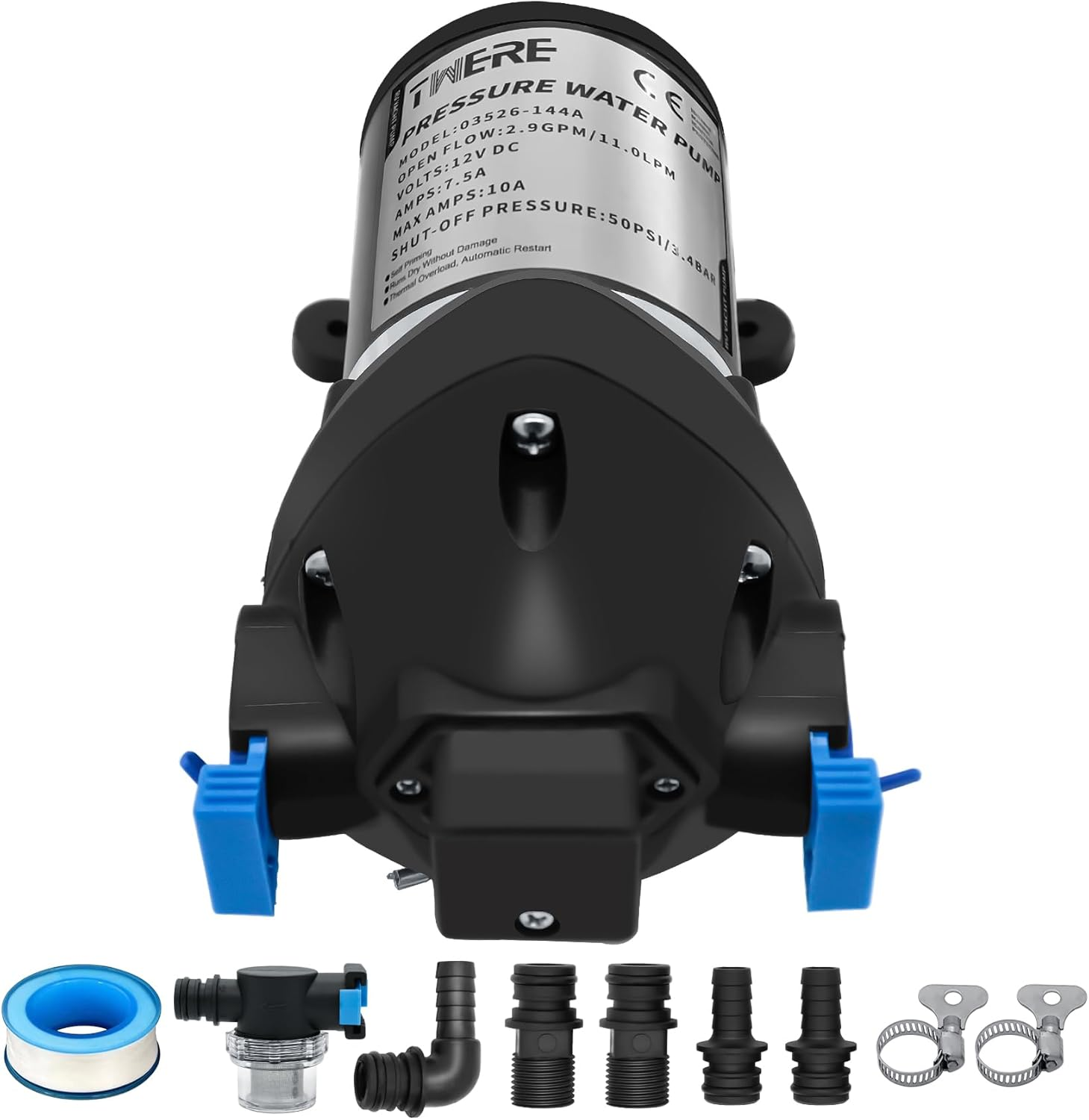 Upgraded R3526144D RV Water Pump,12V DC 3 GPM 50 PSI Triplex Diaphragm Water Pump Compatible with R3526144D/03526-144A RV Water Pump,With Strainer and Pressure Switch for RV Yacht Marine Caravan-Black