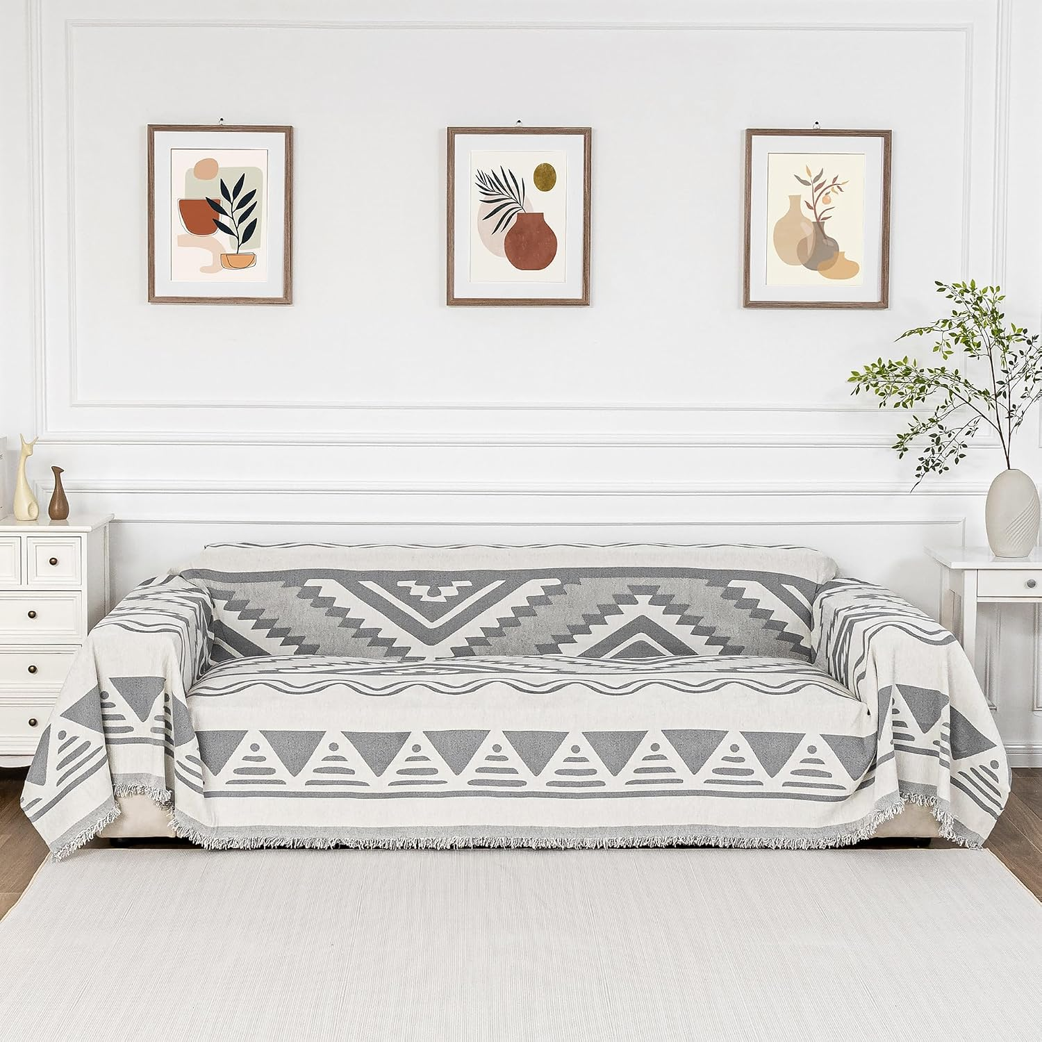 Sectional Couch Cover Grey Boho Geometric Sofa Covers for Sectional Sofa L Shape Chenille Couch Protector for Dogs Pets Couch Throw Cover Washable Durable for Home Decor, 71