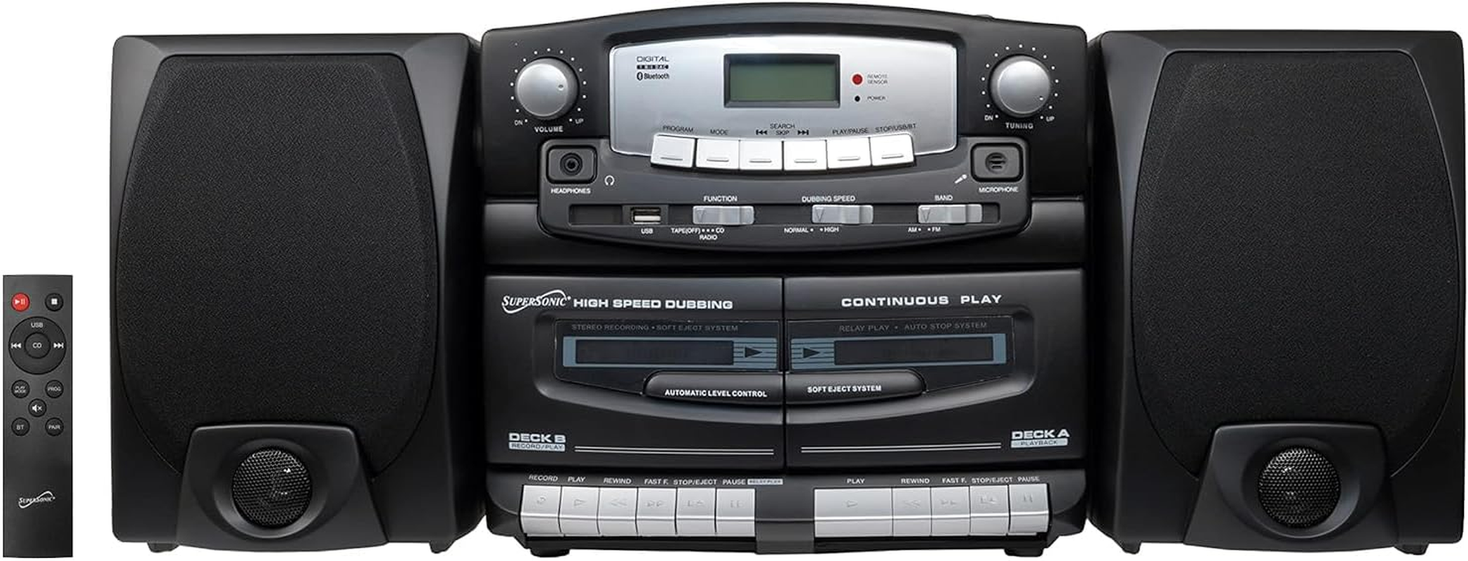 Supersonic Black Edition Vintage Bluetooth Stereo System Home Music Audio System,Cd/Mp3 Player,Am/Fm Radio,Dual Cassette Player/Rec USB Inputs,Detachable Speakers,Ac/Dc,(Remote Included)Matte Black