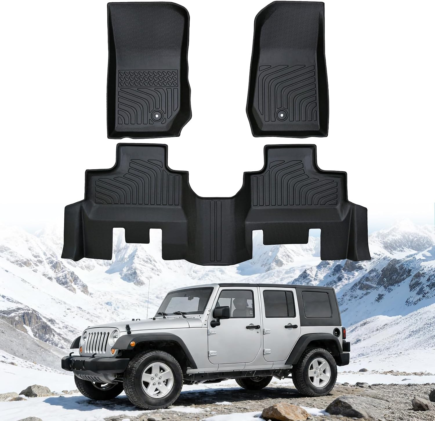 Floor Mats for Jeep Wrangler JK Unlimited 4 Door 2007-2013 (Not for 4XE, JL or 2 Door), Custom Fit Heavy Duty TPE All Weather Protection, Waterproof Non-Slip Black (Two-Row Floor Mats)