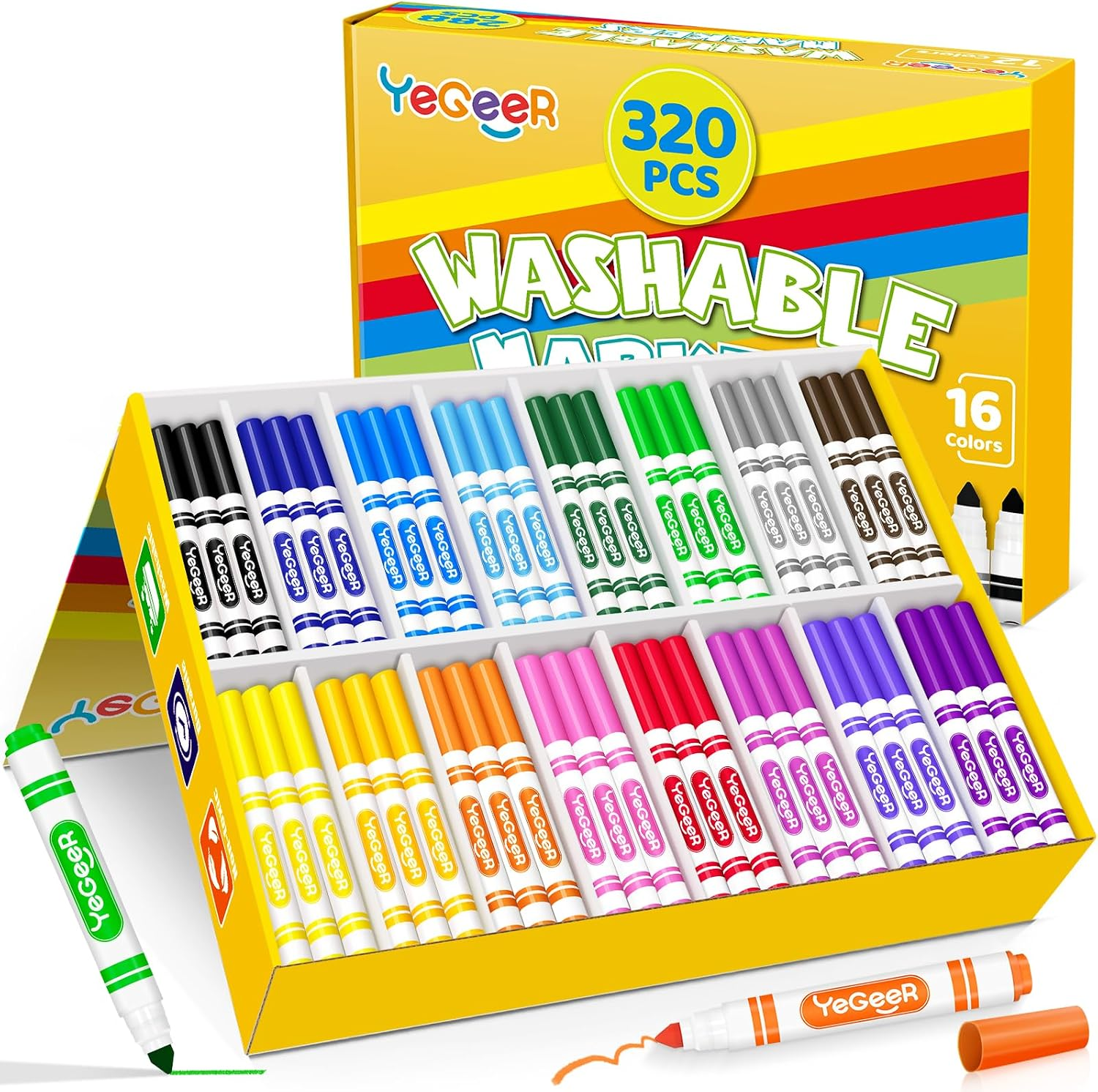 YEGEER 320 Count Washable Markers Bulk – 16 Assorted Colors, Broad Tip Markers for Kids, Teachers, and Classroom Supplies, Perfect for Art and Coloring.(320)
