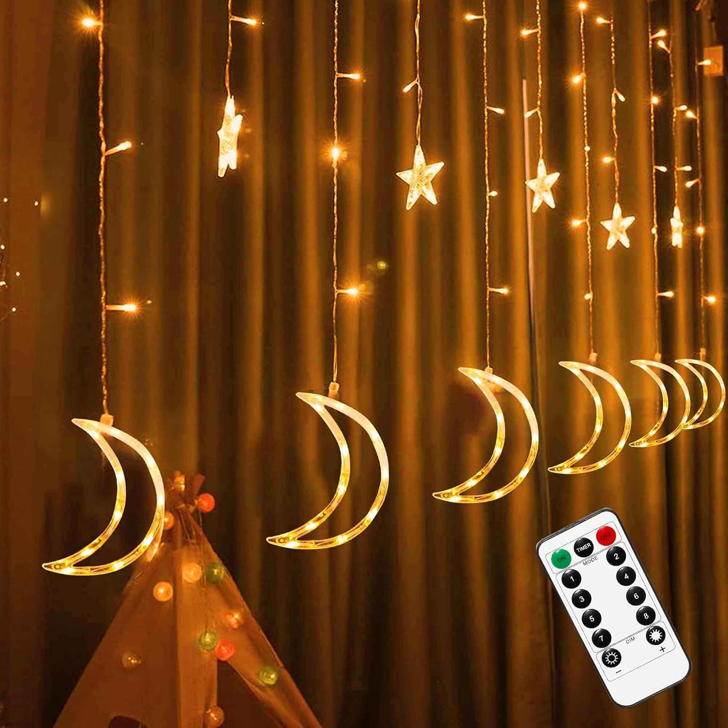 Star Moon Curtain String Lights, 138 LED Window Lights with Remote Control, Warm White Fairy Lights with 8 Modes for Indoor, Wedding, Party, Bedroom, Patio Lawn, Ramadan Decorations