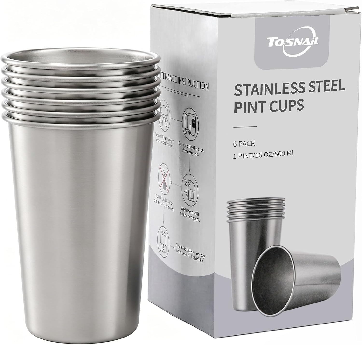 6 Pack Stainless Steel Pint Cups, 16 Oz Metal Cups Unbreakable Drinking Glasses Water Tumblers for Kids, Adults Indoor and Outdoor Use, Silver