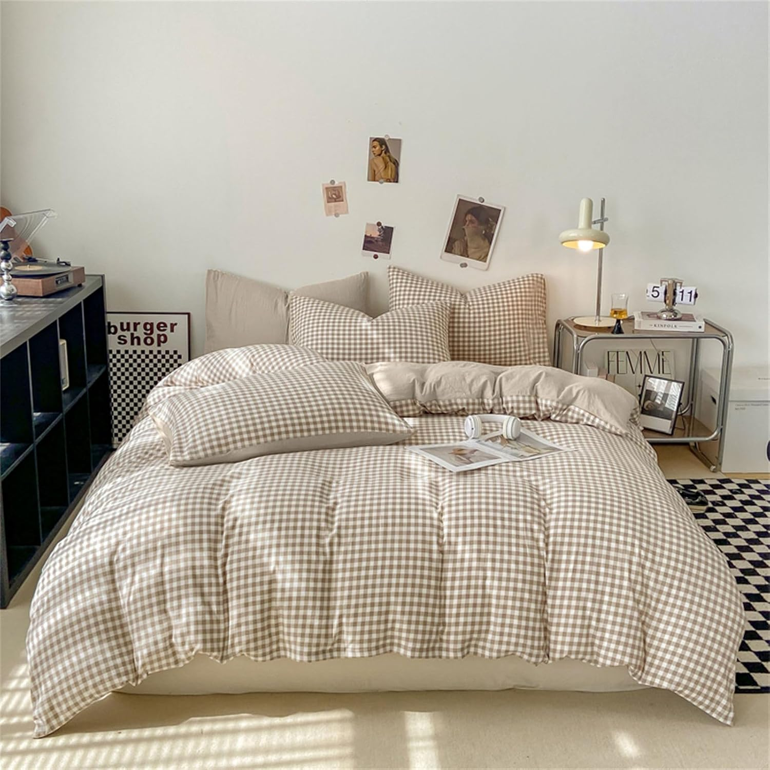 Gingham Duvet Cover King Size Brown Tan Plaid Checkered Comforter Cover Grid Farmhouse Bedding Set 3 Pcs Soft Breathable Washed Microfiber Gifts for Women Men