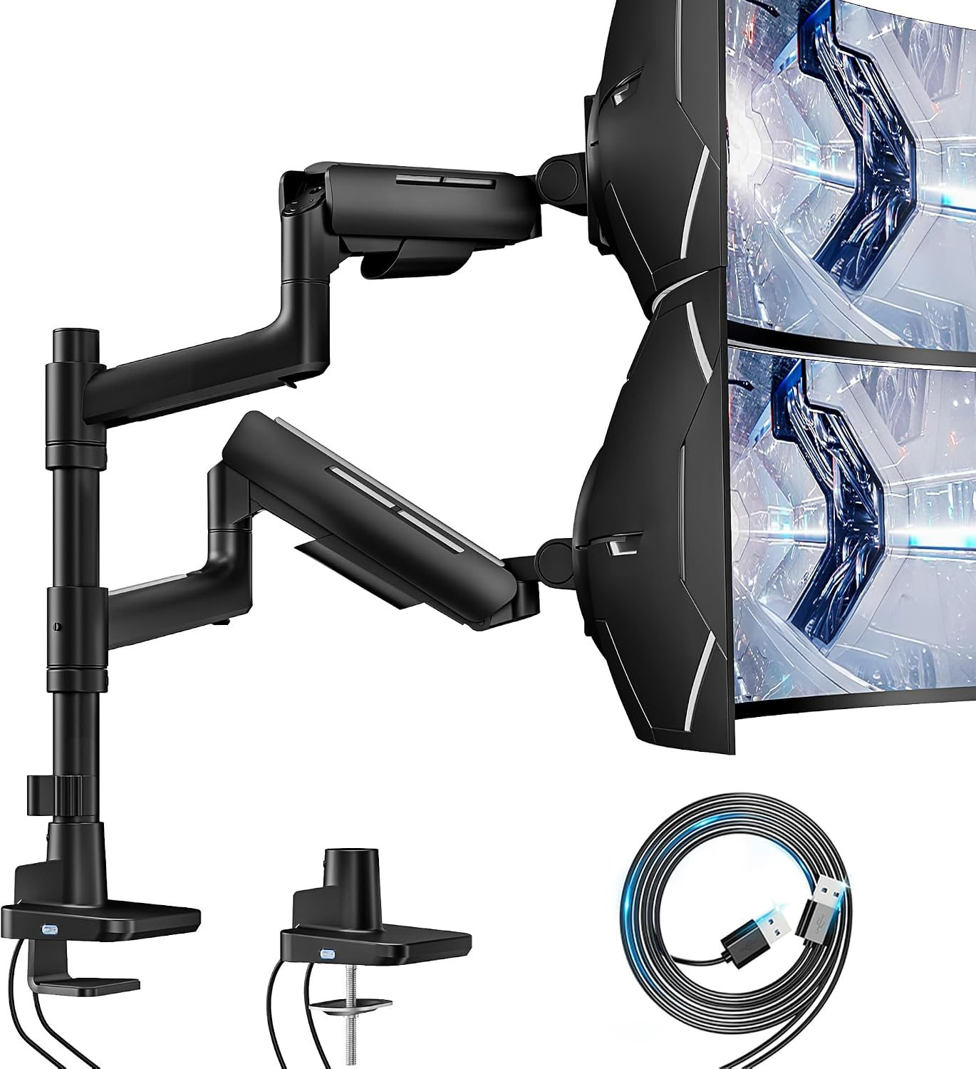 Dual Monitor Mount with USB for 17-49 Inch Screen, Black | Ultrawide Heavy Duty Computer Monitor Arm Desk Mount for Curved Screen, Gas Spring Adjustable Vesa Stand