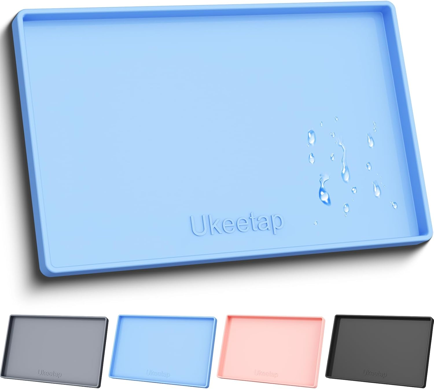 Extra Thick Silicone Mat Waterproof with Raised Edge 19” x 12”, BPA Free Non-Slip Dog & Cat Food Mat, Feeding Mat for Food and Water Bowls, Spill Proof Mat to Protect Floors, Blue