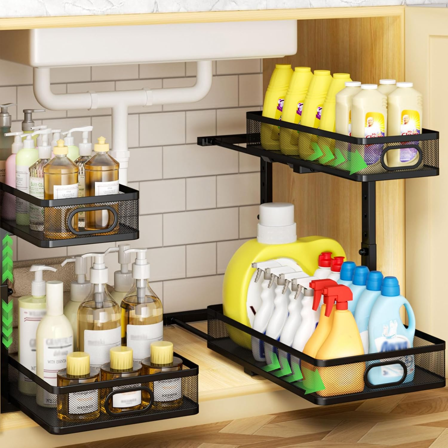 Under Sink Organizer 2-Pack, Metal 2-Tier Pull-Out Cabinet Shelf with Slide-Out Mesh Drawers, Height Adjustable, Space-Saving under Sink Storage Racks for Kitchen, Bathroom, Laundry Room
