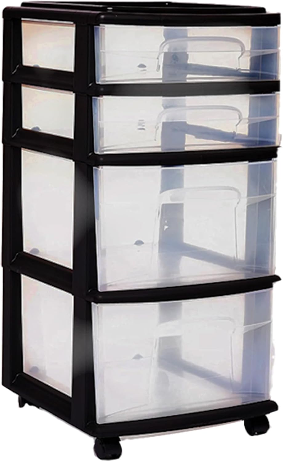 Drawer Tower, 4-Tier Clear Plastic Storage Organizer Cart, Black Frame