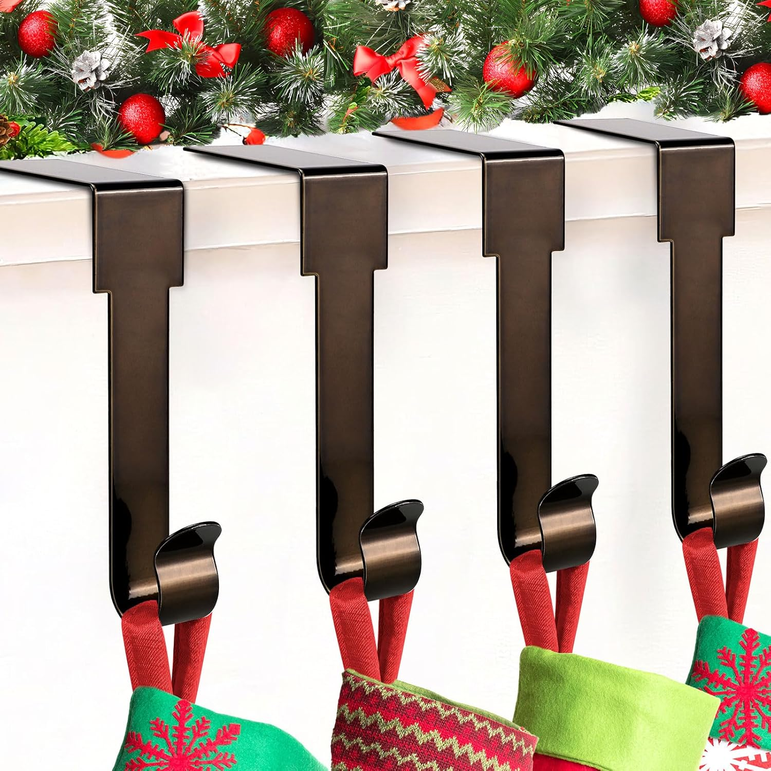 Christmas Stocking Holders for Mantle, 4 Pack Stocking Hangers for Mantel, Non-Skid Stocking Hangers, Lightweight Stocking Hooks for Fireplace Home Party Decor