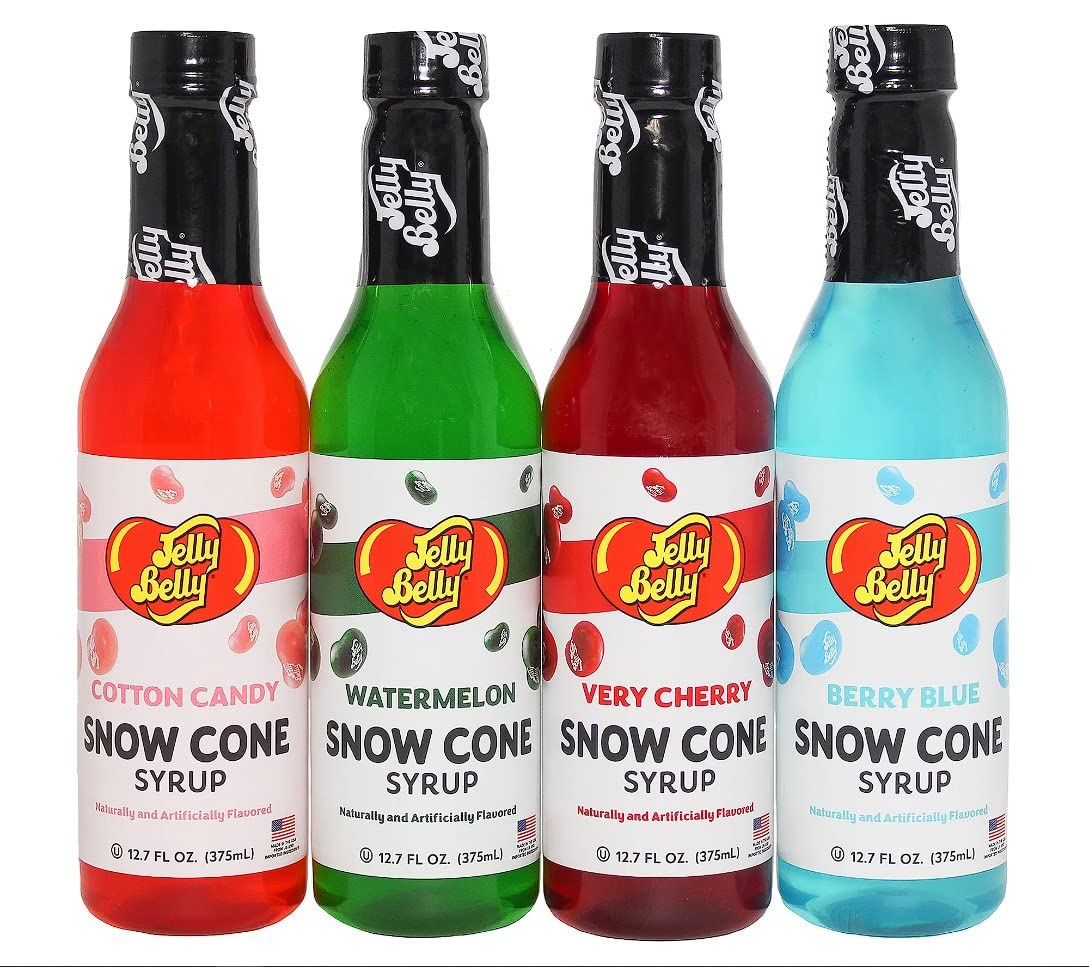 Snow Cone Syrup Flavors- Shaved Ice Syrup, Slushie, and Ice Pop Flavoring for Party (4 Variety Pack - Cherry, Watermelon, Cotton Candy and Berry Blue)