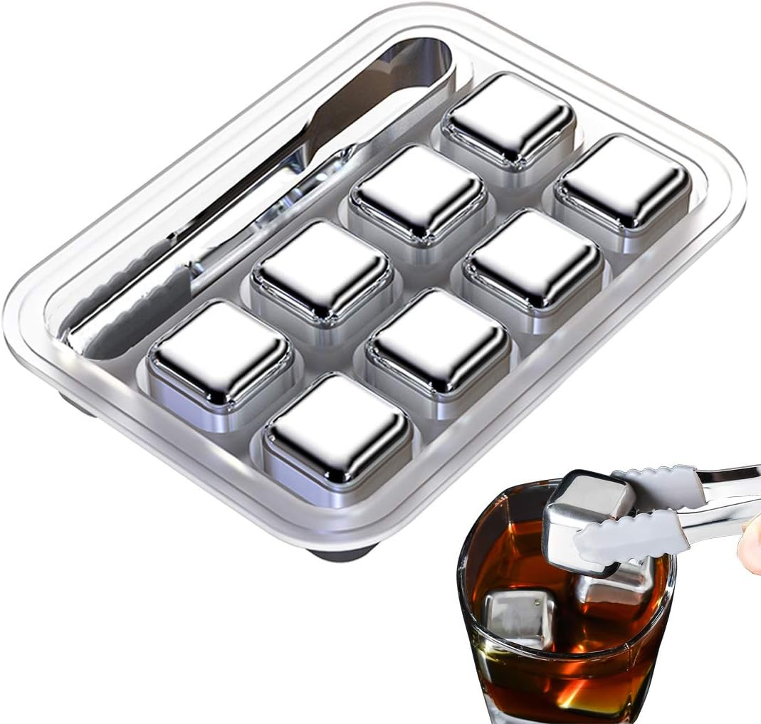 Whiskey Stones 8 Pack, Metal Reusable Ice Cubes, Stainless Steel Ice Cubes, Suitable for Whiskey, Vodka, Liqueurs, Wine, Beverage Juice or Soda