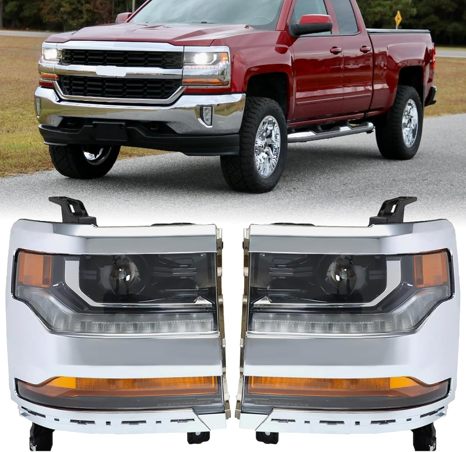 Front Bumper LED DRL Headlight Fit for 2016-2018 Chevy Silverado 1500/2019 Silverado 1500 LD LH+RH Pair Replacement Kit Chrome Shell Amber Reflective Mirror Corner Light
