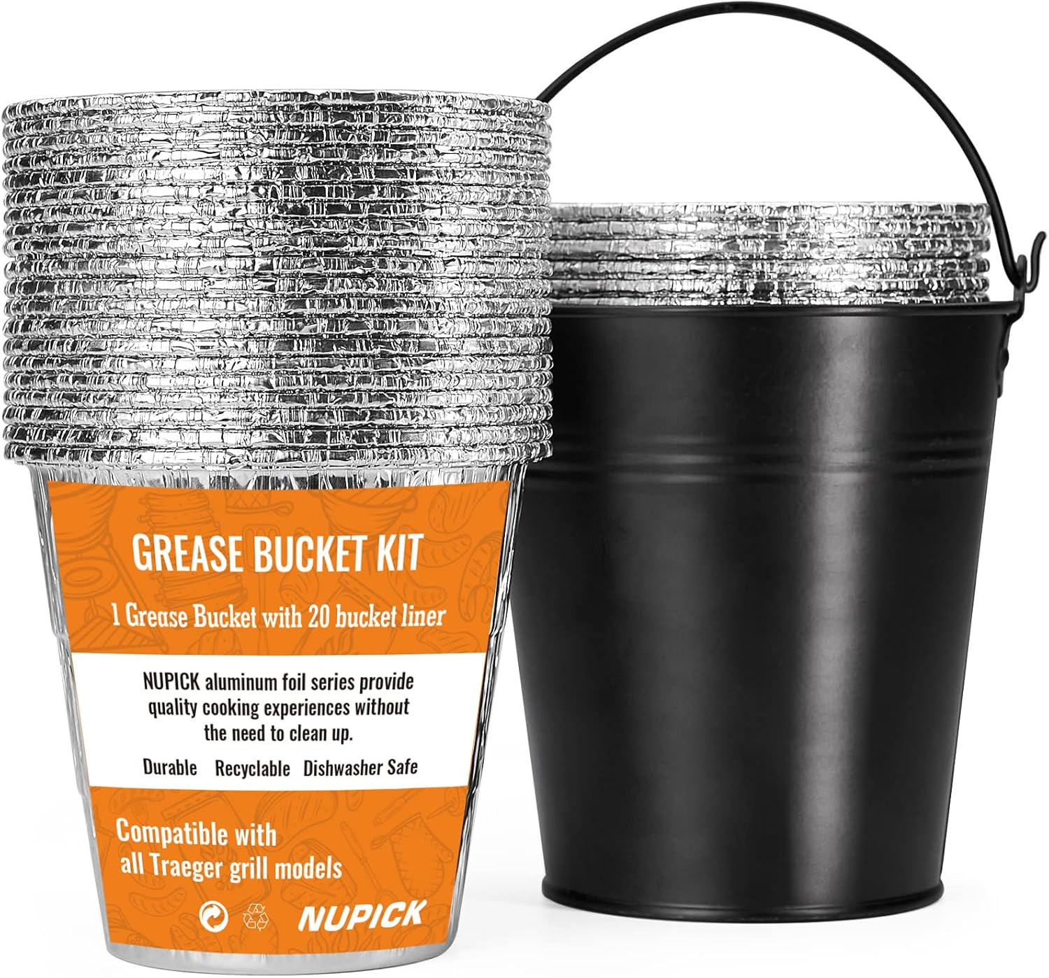 20-Pack Grease Bucket Liner & 1-Pack Grease Bucket HDW152 for Traeger, Accessories for Traeger Pro Series 575/780, 22/34 Series, Ironwood 650/885 Grills, Black