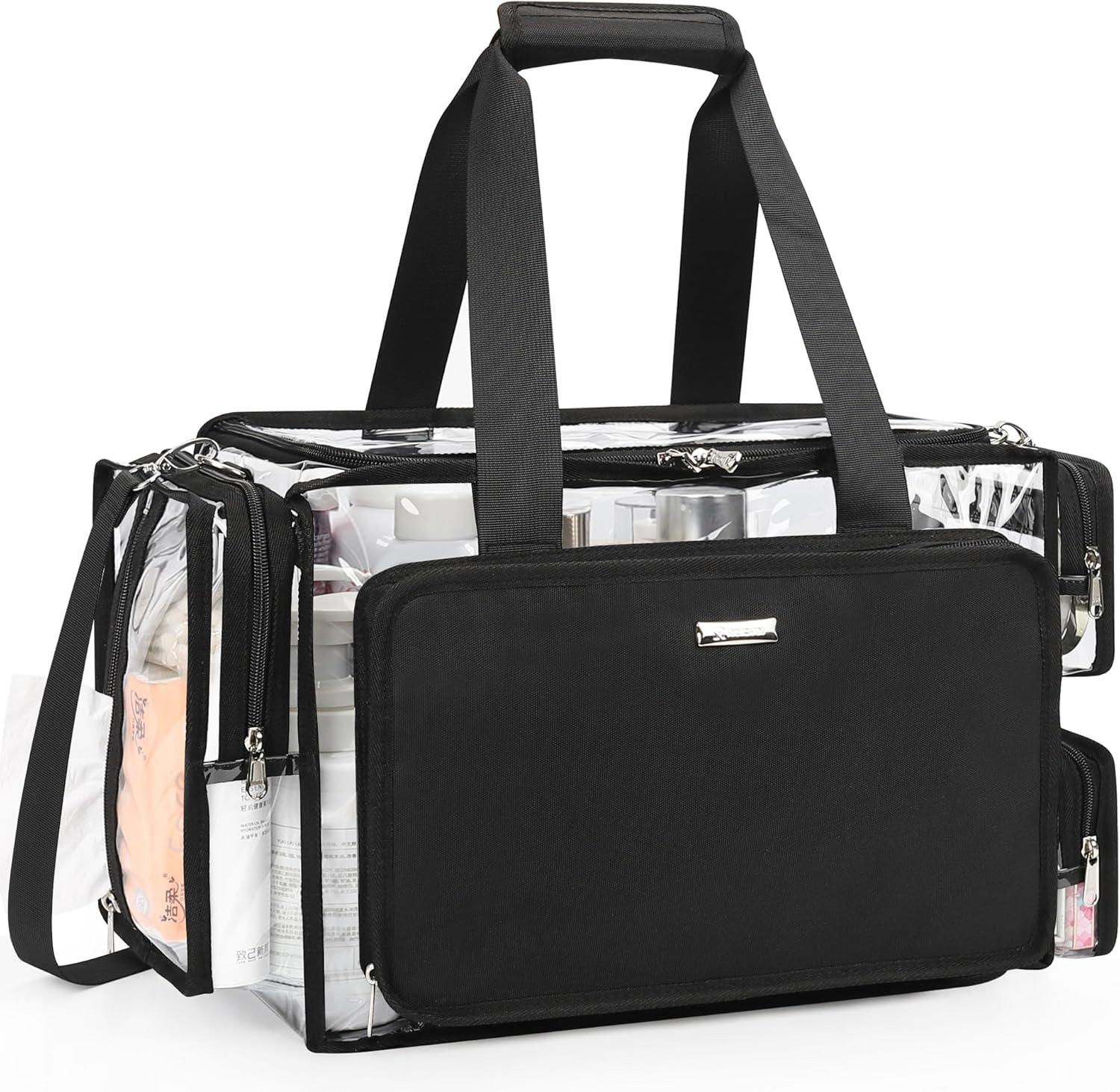 Clear Makeup Bag Extra Large Makeup Artist Kit Set, Cosmetic Storage Organizer Hair Stylist Traveling Bag, Transparent Tote Duffle Beach Toiletry Bag with Adjustable Dividers & Shoulder Strap