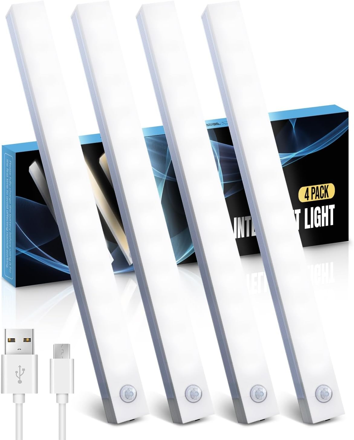 Under Cabinet Kitchen Lights 4 Pack, 4 Modes, USB Motion Sensor Cupboard Light, USB Type-C, Stepless Dimming, with Magnetic Sticker, for Kitchen Wardrobe Bedroom Stairs (Cold White)