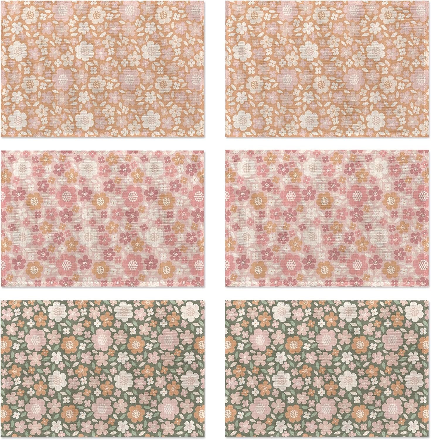 Spring Summer Flower Placemats Set of 6,Washable Heat Resistant 12×18 Inch Linen Table Mats Cute Floral Place Mats for Party Outdoor Dining Décor