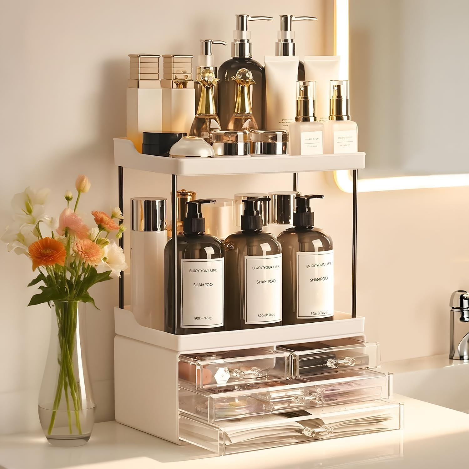 Bathroom Organizers and Storage, 5-Tier 4-Drawer Makeup Organizer Countertop, Multi-Purpose Large Makeup Vanity Organizer, Hair Product, Perfume & Skincare Storage, White